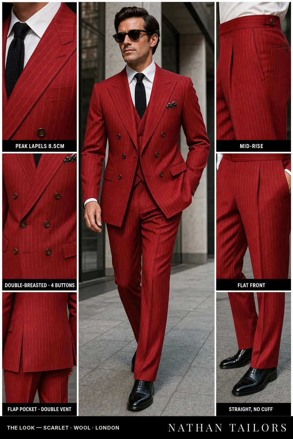 Scarlet pinstripe double-breasted peak-lapel bespoke suit — AI-rendered by Nathan Tailors, the Hoi An custom tailor. Available as a custom tailored suit from $149.