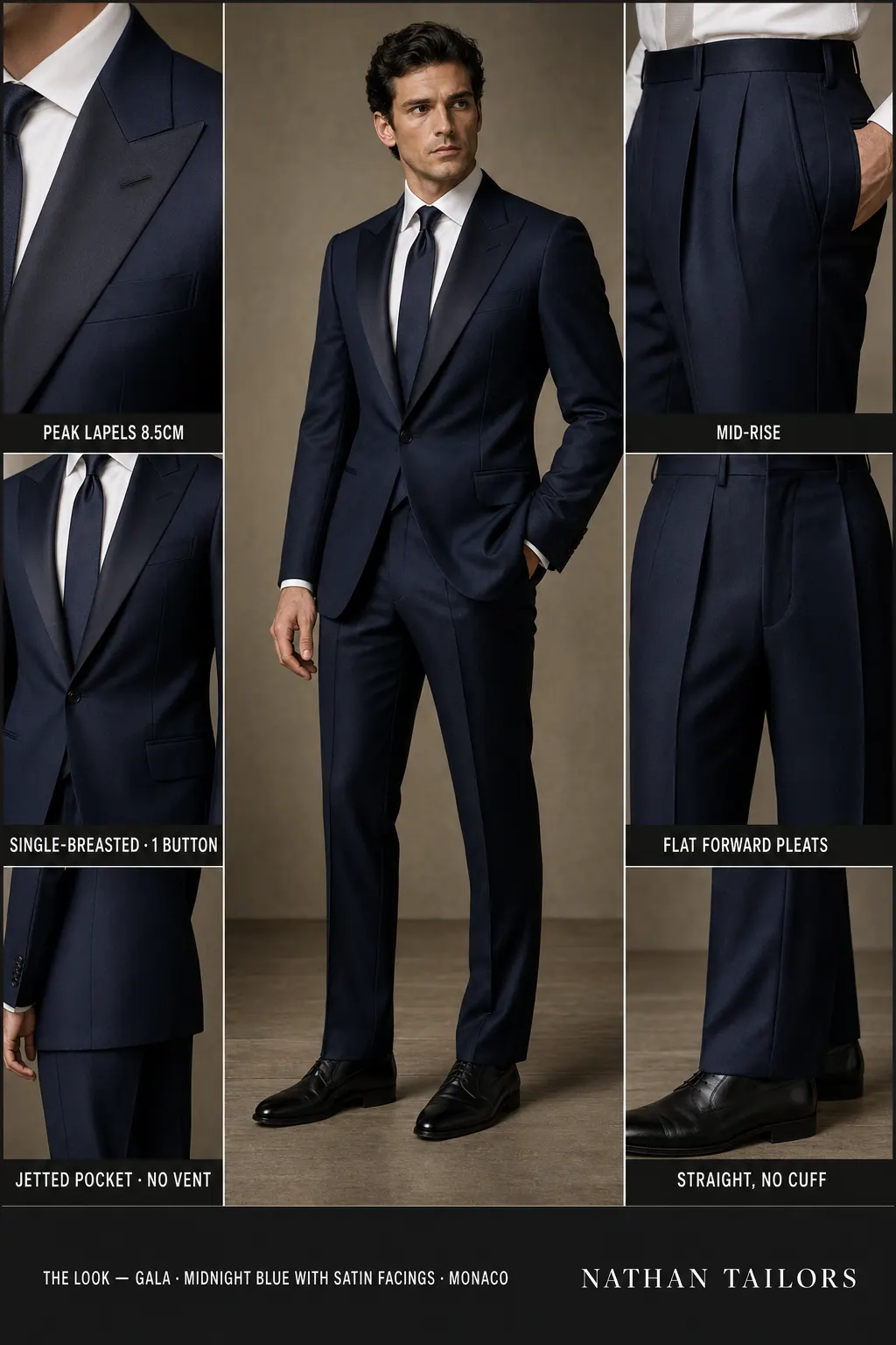 midnight blue with satin facings single-breasted peak-lapel bespoke suit — AI-rendered by Nathan Tailors, the Hoi An custom tailor. Available as a custom tailored suit from $149.