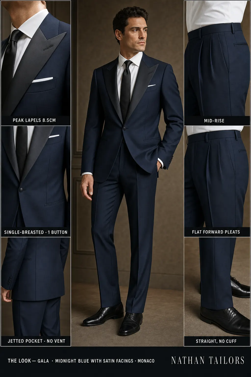 midnight blue with satin facings single-breasted peak-lapel bespoke suit — AI-rendered by Nathan Tailors, the Hoi An custom tailor. Available as a custom tailored suit from $149.