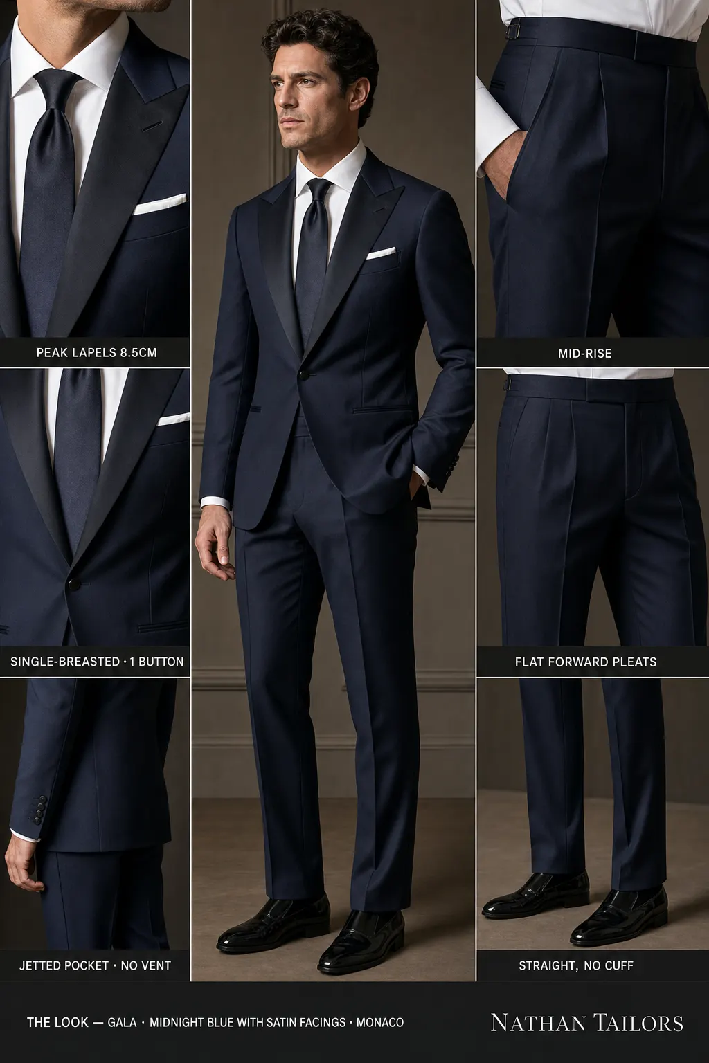 midnight blue with satin facings single-breasted peak-lapel bespoke suit — AI-rendered by Nathan Tailors, the Hoi An custom tailor. Available as a custom tailored suit from $149.