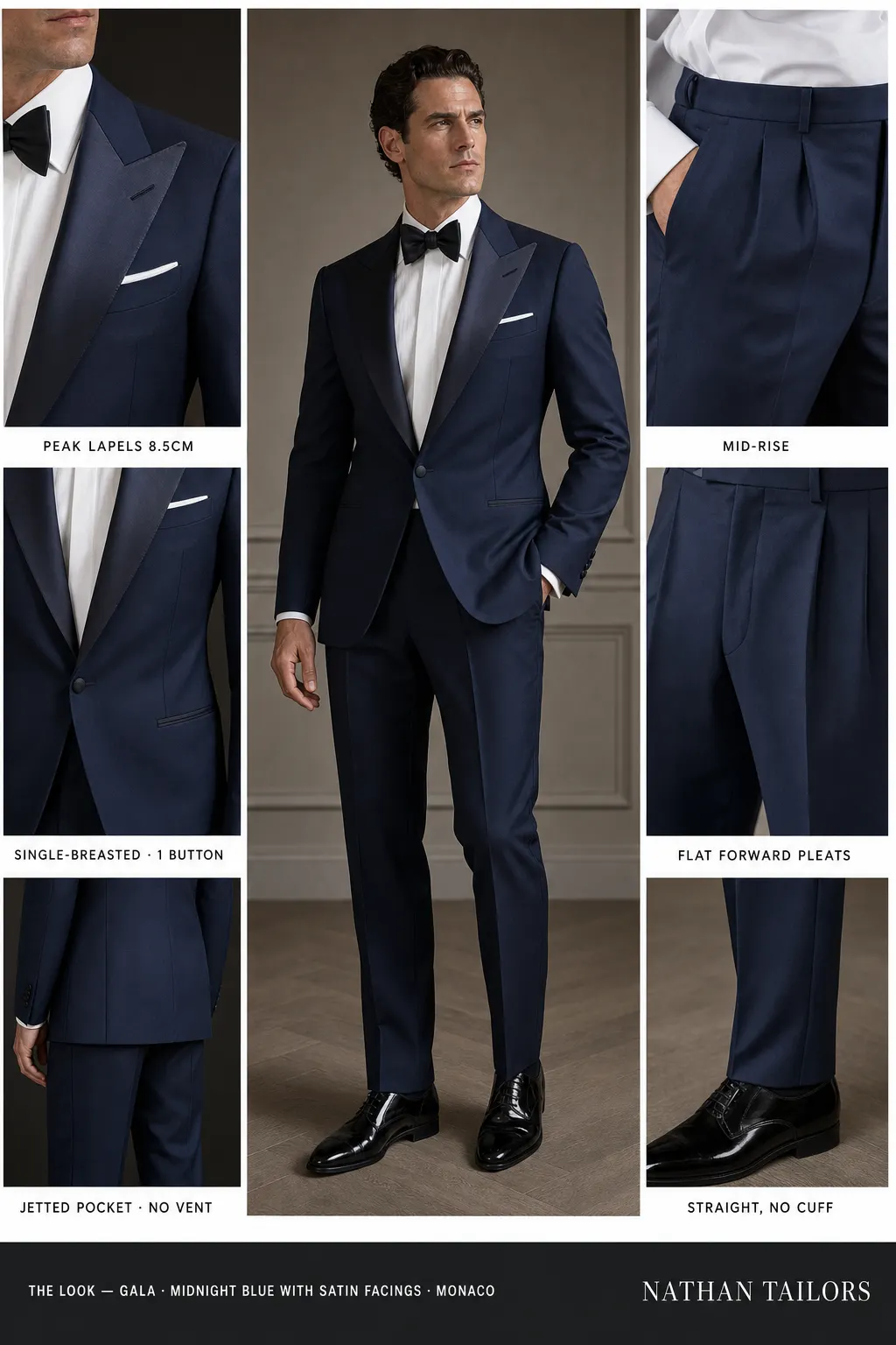 midnight blue with satin facings single-breasted peak-lapel bespoke suit — AI-rendered by Nathan Tailors, the Hoi An custom tailor. Available as a custom tailored suit from $149.