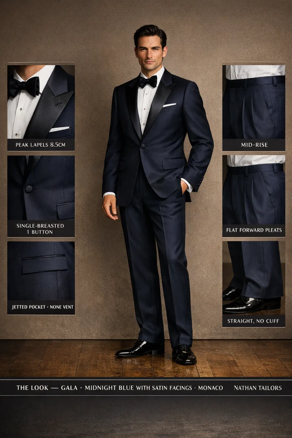 midnight blue with satin facings single-breasted peak-lapel bespoke suit — AI-rendered by Nathan Tailors, the Hoi An custom tailor. Available as a custom tailored suit from $149.