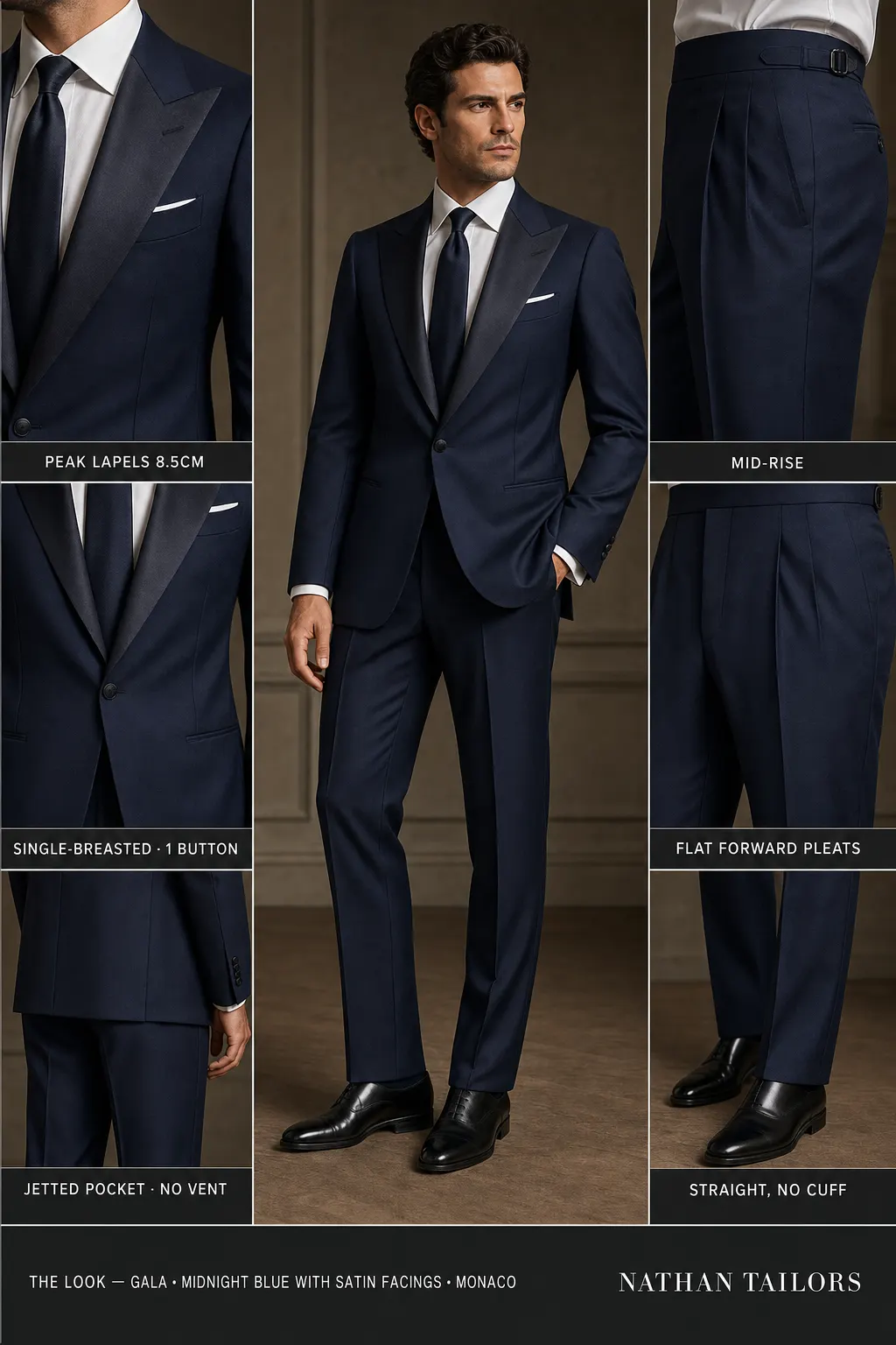 midnight blue with satin facings single-breasted peak-lapel bespoke suit — AI-rendered by Nathan Tailors, the Hoi An custom tailor. Available as a custom tailored suit from $149.