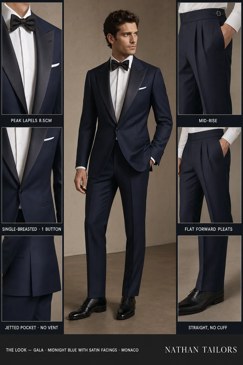 midnight blue with satin facings single-breasted peak-lapel bespoke suit — AI-rendered by Nathan Tailors, the Hoi An custom tailor. Available as a custom tailored suit from $149.