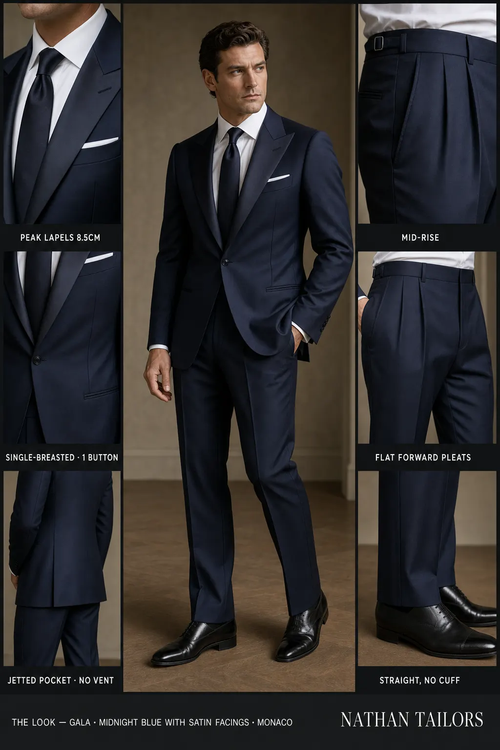 midnight blue with satin facings single-breasted peak-lapel bespoke suit — AI-rendered by Nathan Tailors, the Hoi An custom tailor. Available as a custom tailored suit from $149.