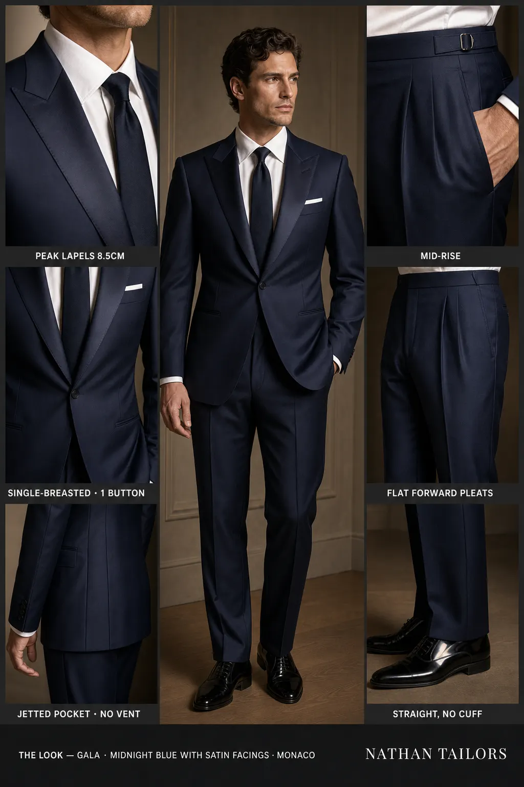midnight blue with satin facings single-breasted peak-lapel bespoke suit — AI-rendered by Nathan Tailors, the Hoi An custom tailor. Available as a custom tailored suit from $149.