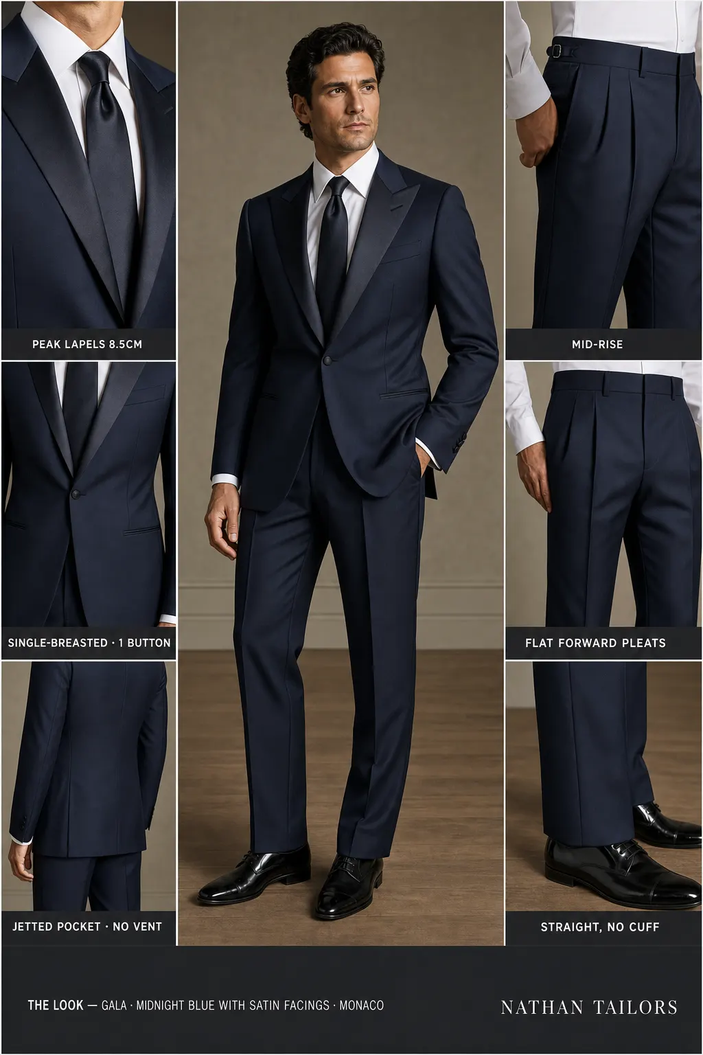 midnight blue with satin facings single-breasted peak-lapel bespoke suit — AI-rendered by Nathan Tailors, the Hoi An custom tailor. Available as a custom tailored suit from $149.