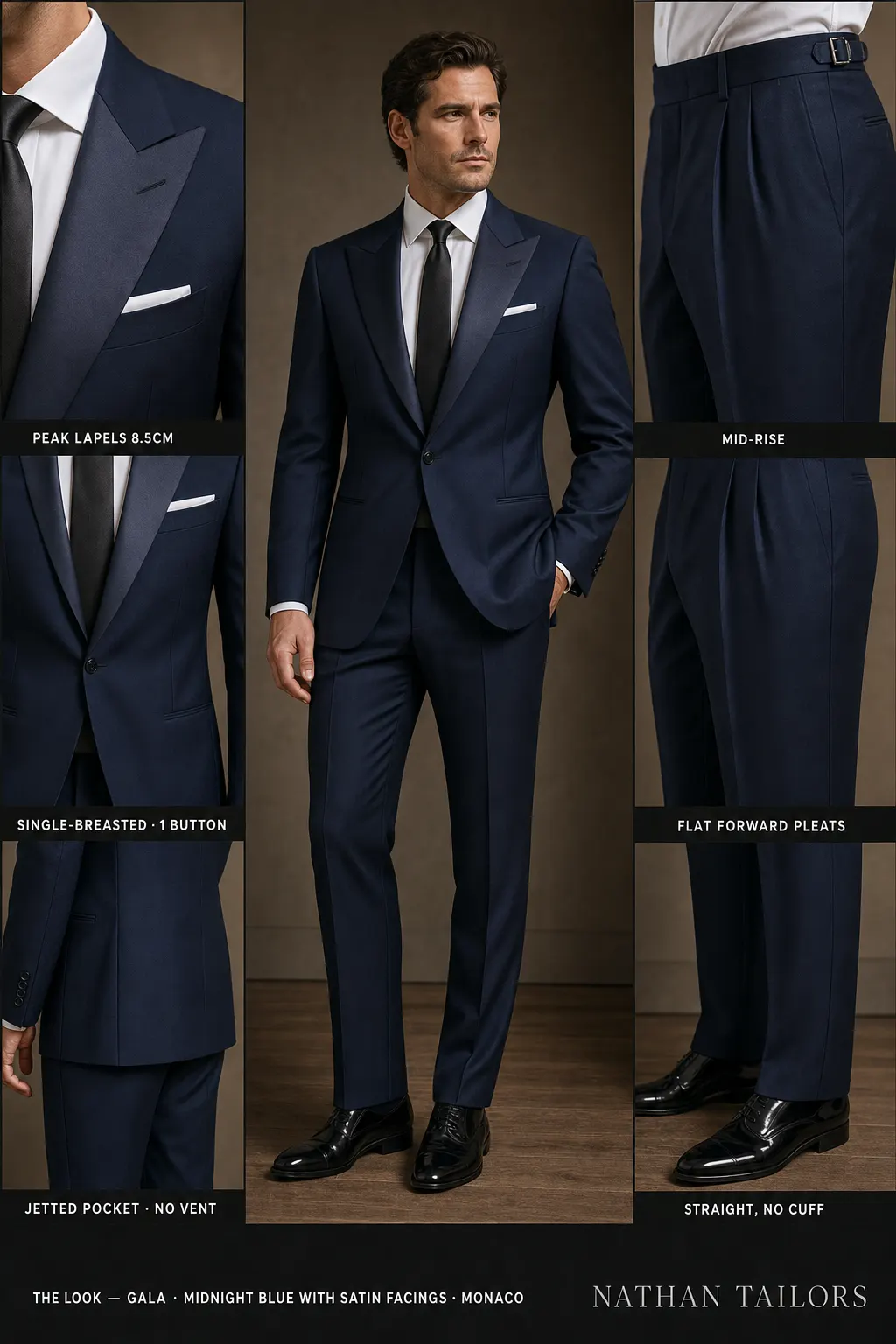 midnight blue with satin facings single-breasted peak-lapel bespoke suit — AI-rendered by Nathan Tailors, the Hoi An custom tailor. Available as a custom tailored suit from $149.