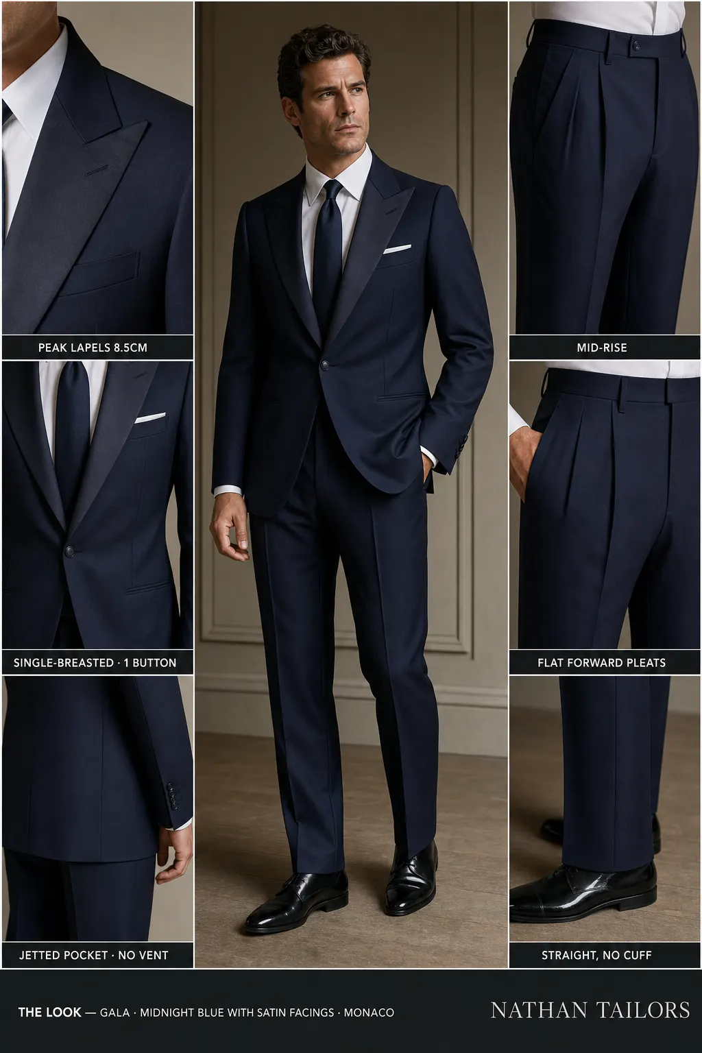 midnight blue with satin facings single-breasted peak-lapel bespoke suit — AI-rendered by Nathan Tailors, the Hoi An custom tailor. Available as a custom tailored suit from $149.