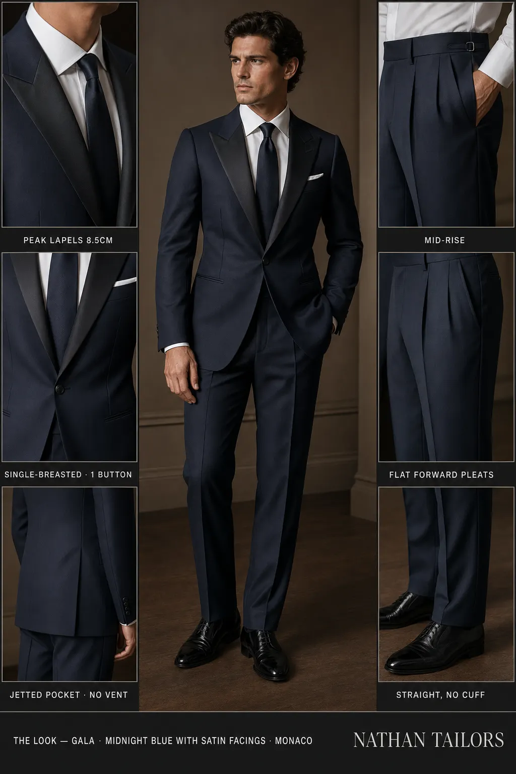 midnight blue with satin facings single-breasted peak-lapel bespoke suit — AI-rendered by Nathan Tailors, the Hoi An custom tailor. Available as a custom tailored suit from $149.