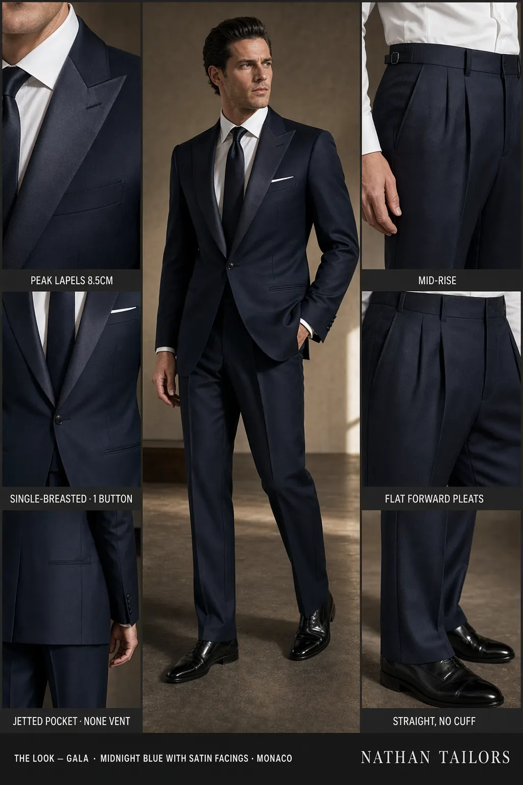 midnight blue with satin facings single-breasted peak-lapel bespoke suit — AI-rendered by Nathan Tailors, the Hoi An custom tailor. Available as a custom tailored suit from $169.