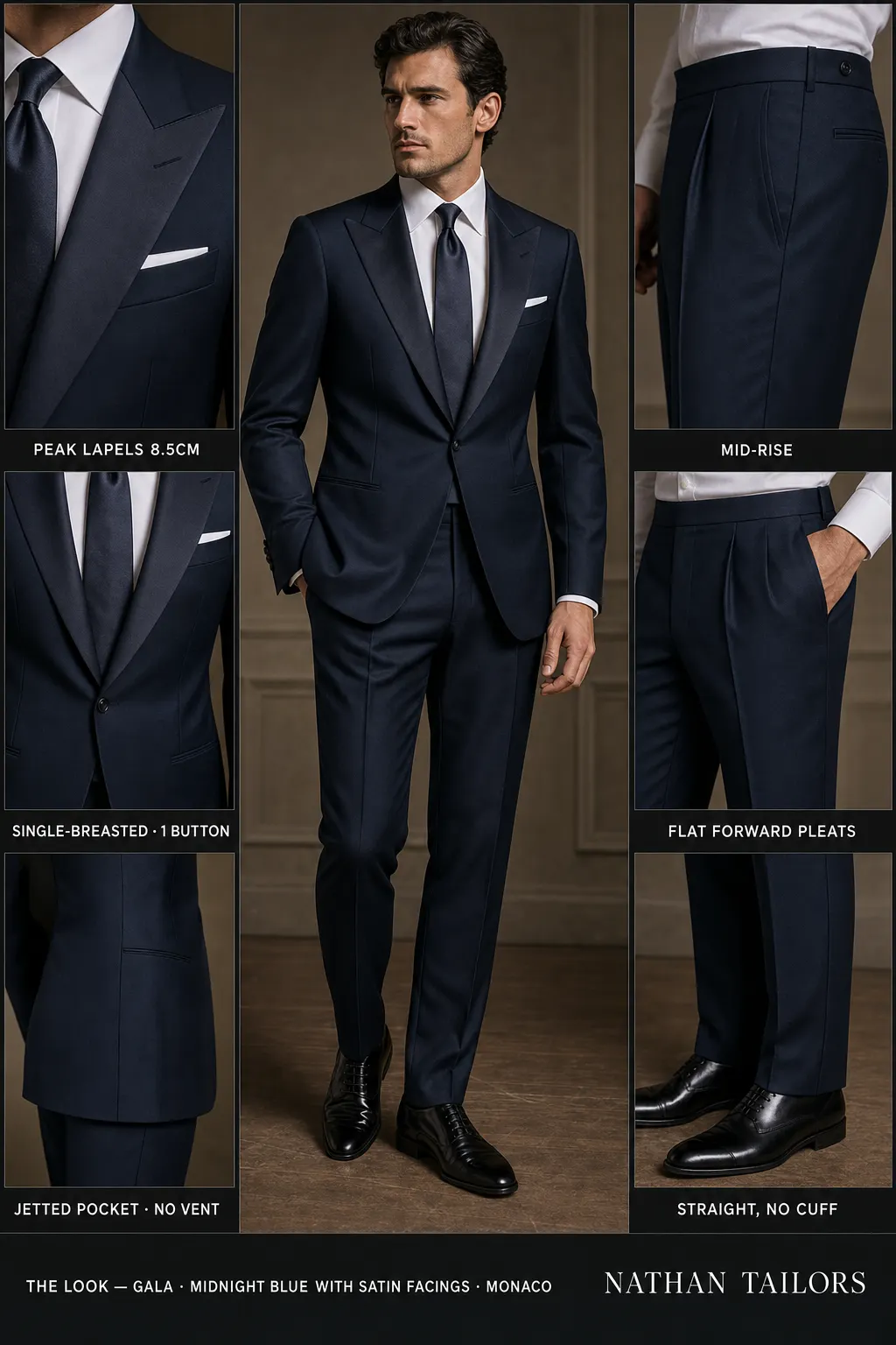 midnight blue with satin facings single-breasted peak-lapel bespoke suit — AI-rendered by Nathan Tailors, the Hoi An custom tailor. Available as a custom tailored suit from $149.