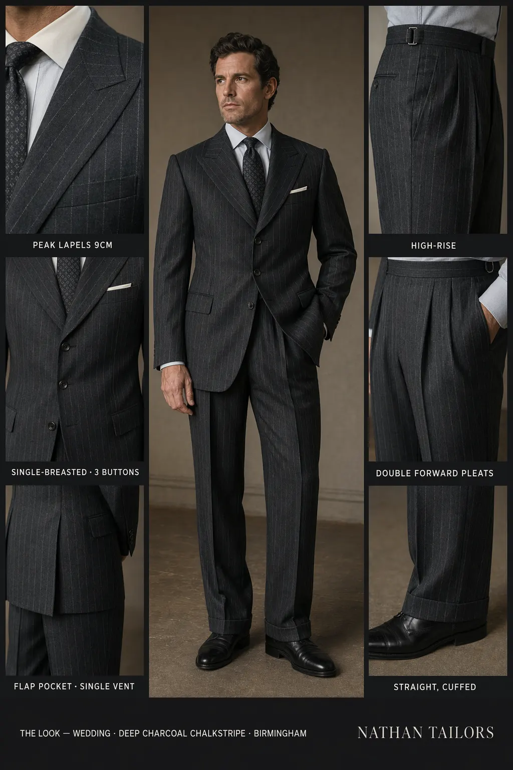 deep charcoal chalkstripe chalk stripe single-breasted peak-lapel bespoke suit — AI-rendered by Nathan Tailors, the Hoi An custom tailor. Available as a custom tailored suit from $149.