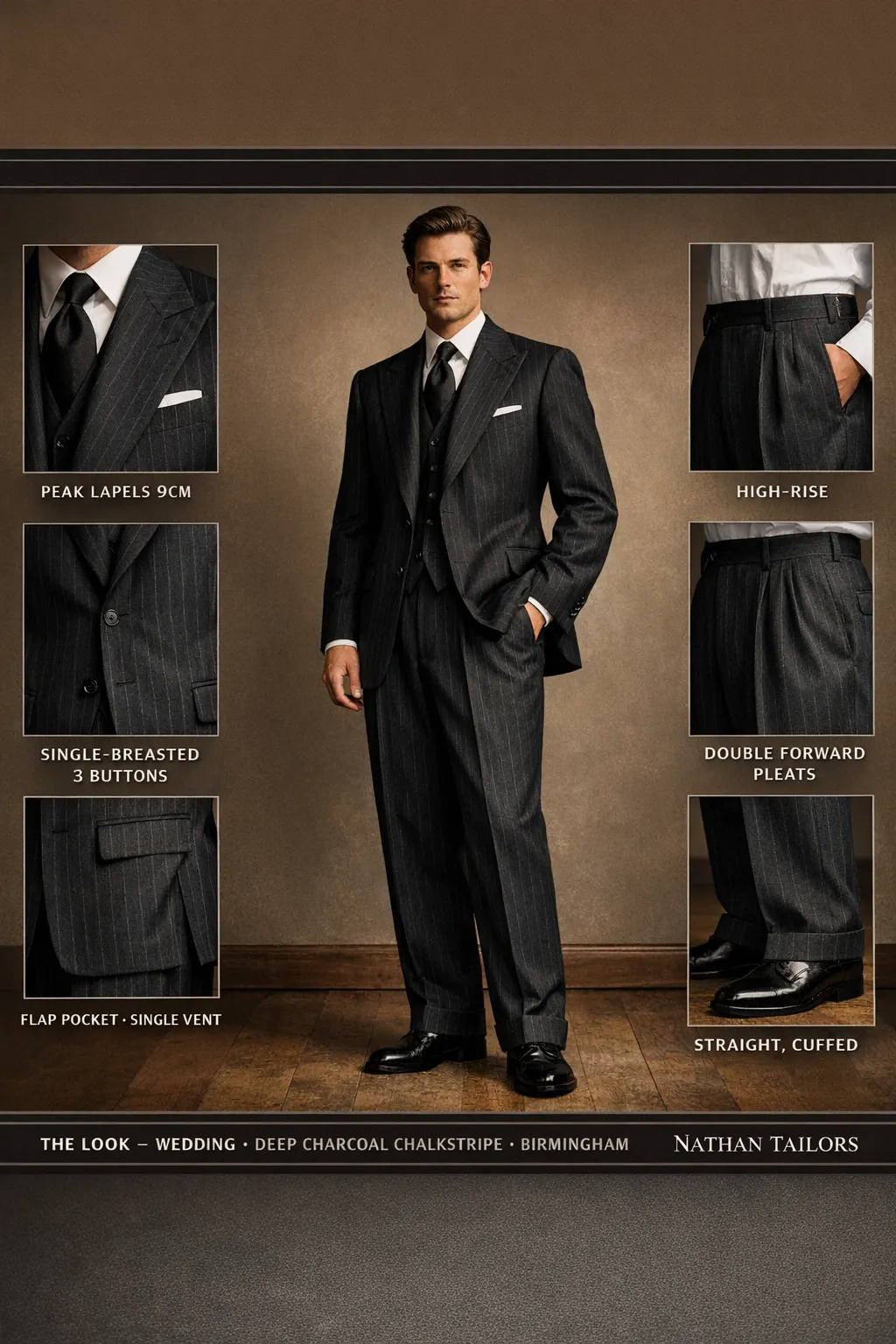 deep charcoal chalkstripe chalk stripe single-breasted peak-lapel bespoke suit — AI-rendered by Nathan Tailors, the Hoi An custom tailor. Available as a custom tailored suit from $149.