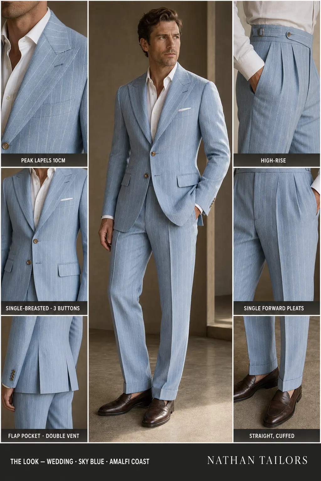 sky blue chalk stripe single-breasted peak-lapel bespoke suit — AI-rendered by Nathan Tailors, the Hoi An custom tailor. Available as a custom tailored suit from $149.