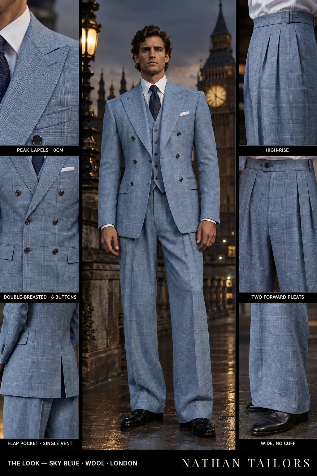 sky blue glen_plaid double-breasted bespoke suit — custom tailored by Nathan Tailors, the Hoi An custom tailor