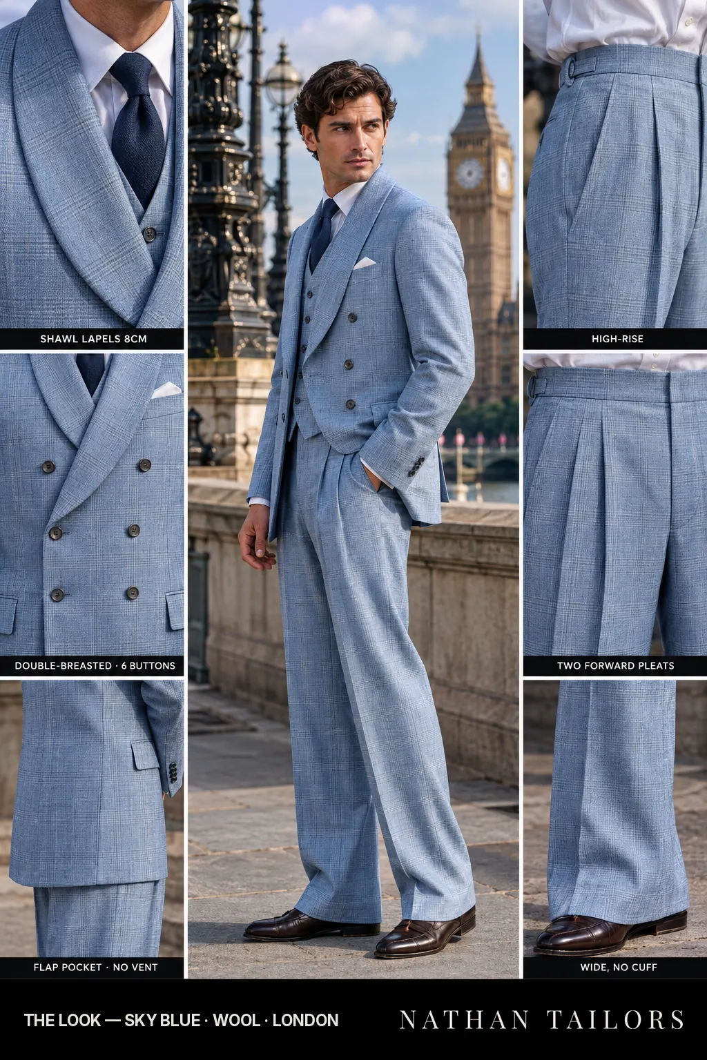 sky blue glen_plaid double-breasted bespoke suit โ custom tailored by Nathan Tailors, the Hoi An custom tailor