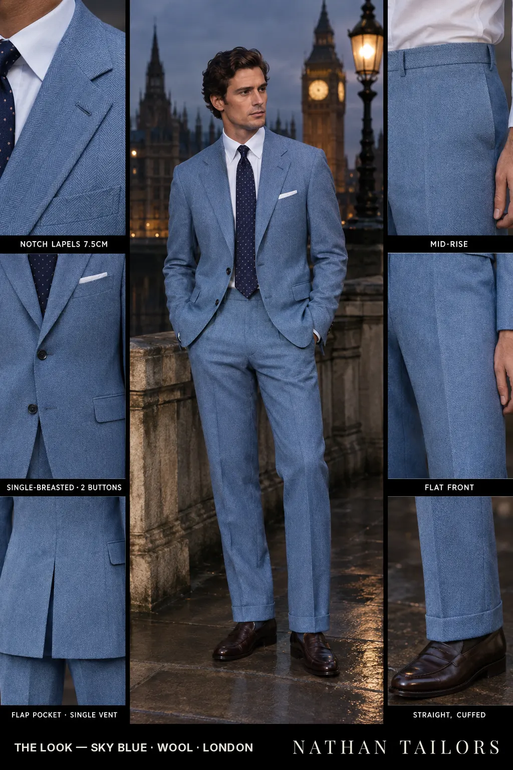 sky blue herringbone single-breasted notch-lapel bespoke suit โ AI-rendered by Nathan Tailors, the Hoi An custom tailor. Available as a custom tailored suit from $149.