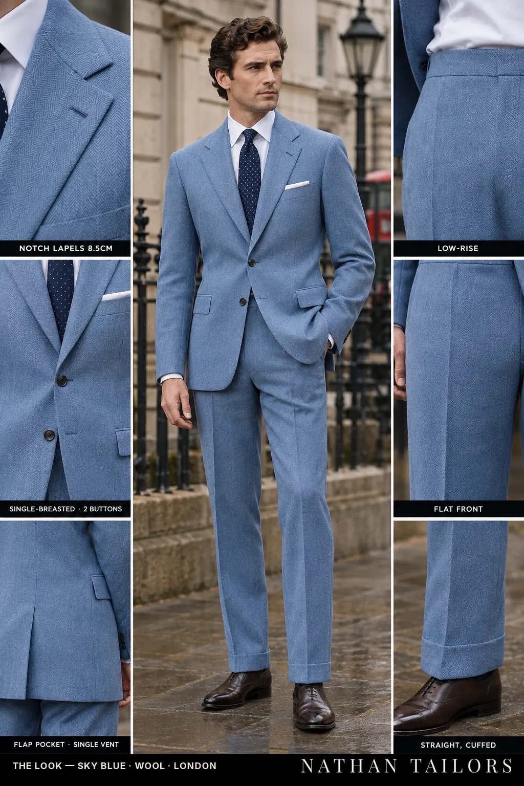 sky blue herringbone single-breasted notch-lapel bespoke suit โ AI-rendered by Nathan Tailors, the Hoi An custom tailor. Available as a custom tailored suit from $149.