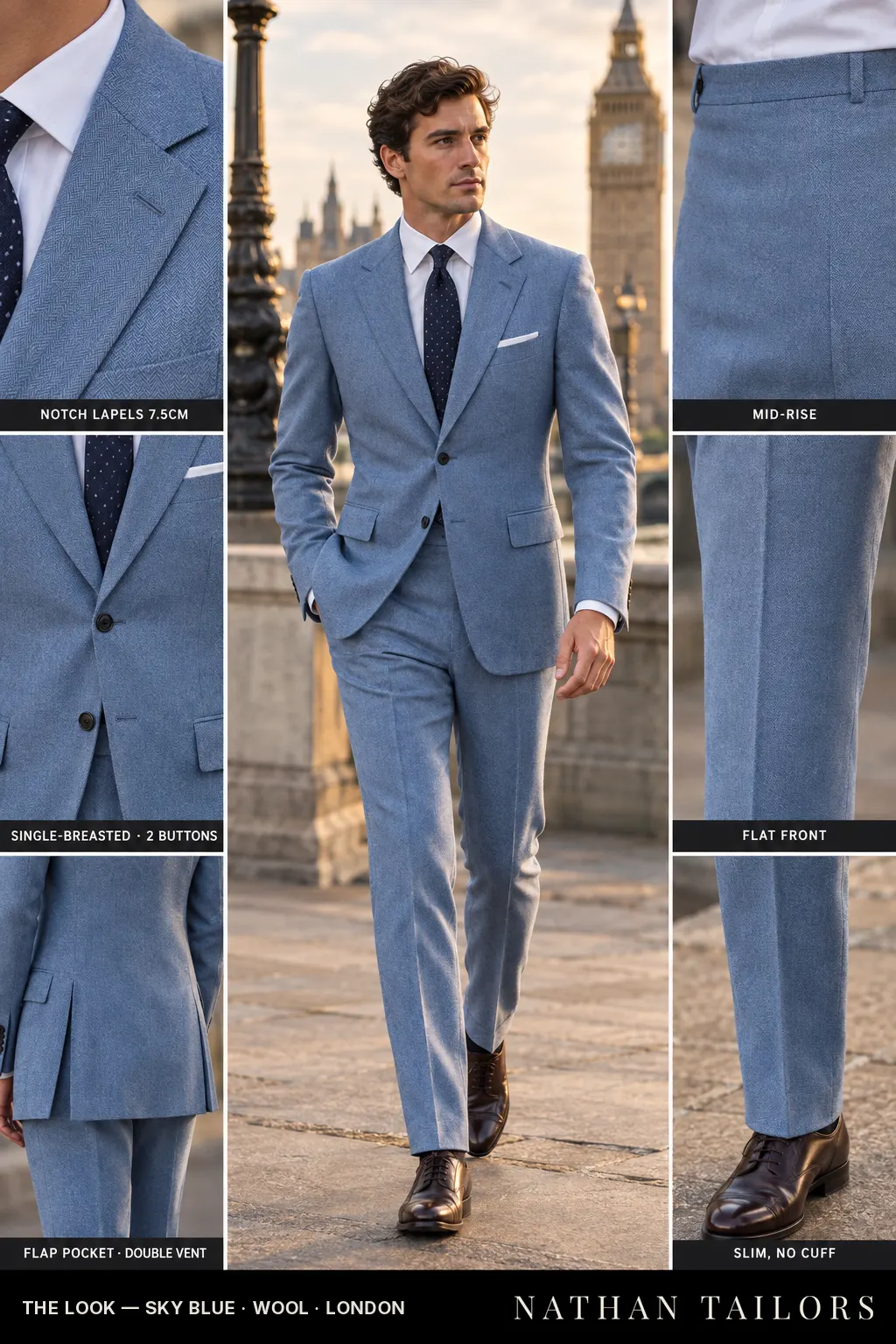 sky blue herringbone single-breasted bespoke suit — custom tailored by Nathan Tailors, the Hoi An custom tailor