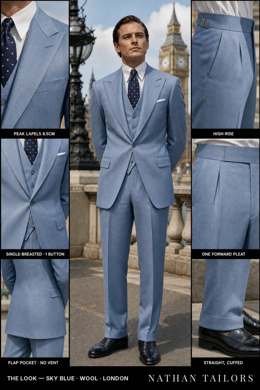 sky blue herringbone single-breasted bespoke suit — custom tailored by Nathan Tailors, the Hoi An custom tailor