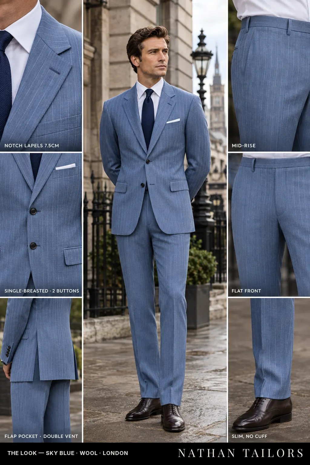sky blue pinstripe single-breasted bespoke suit โ custom tailored by Nathan Tailors, the Hoi An custom tailor