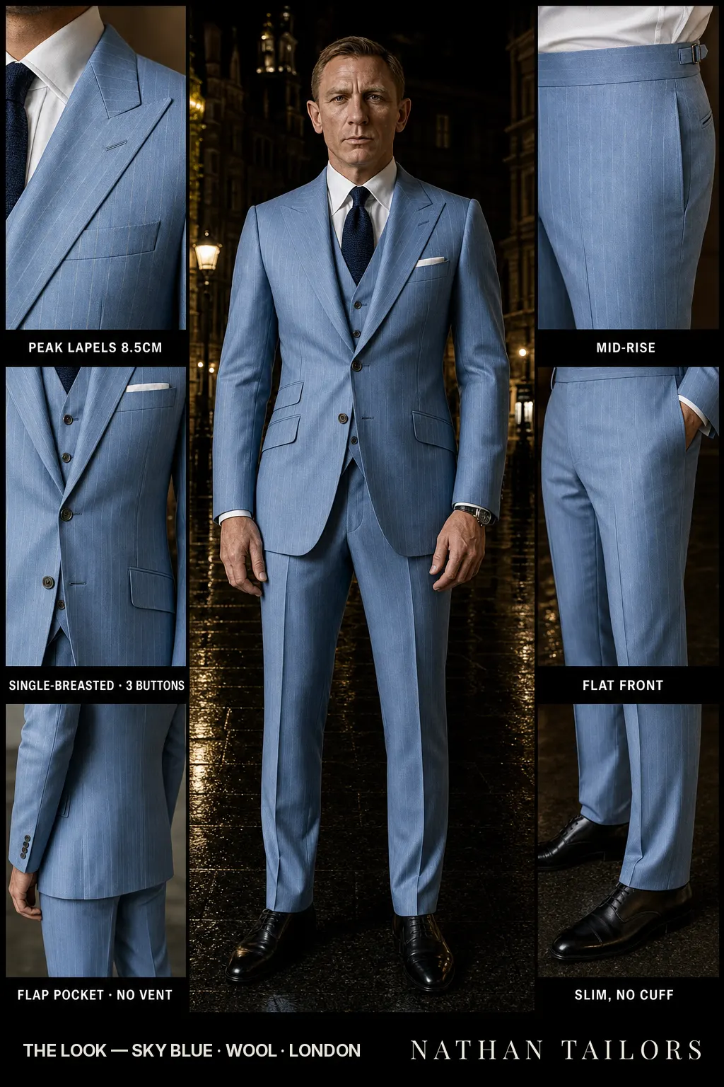 sky blue pinstripe single-breasted peak-lapel bespoke suit โ AI-rendered by Nathan Tailors, the Hoi An custom tailor. Available as a custom tailored suit from $149.