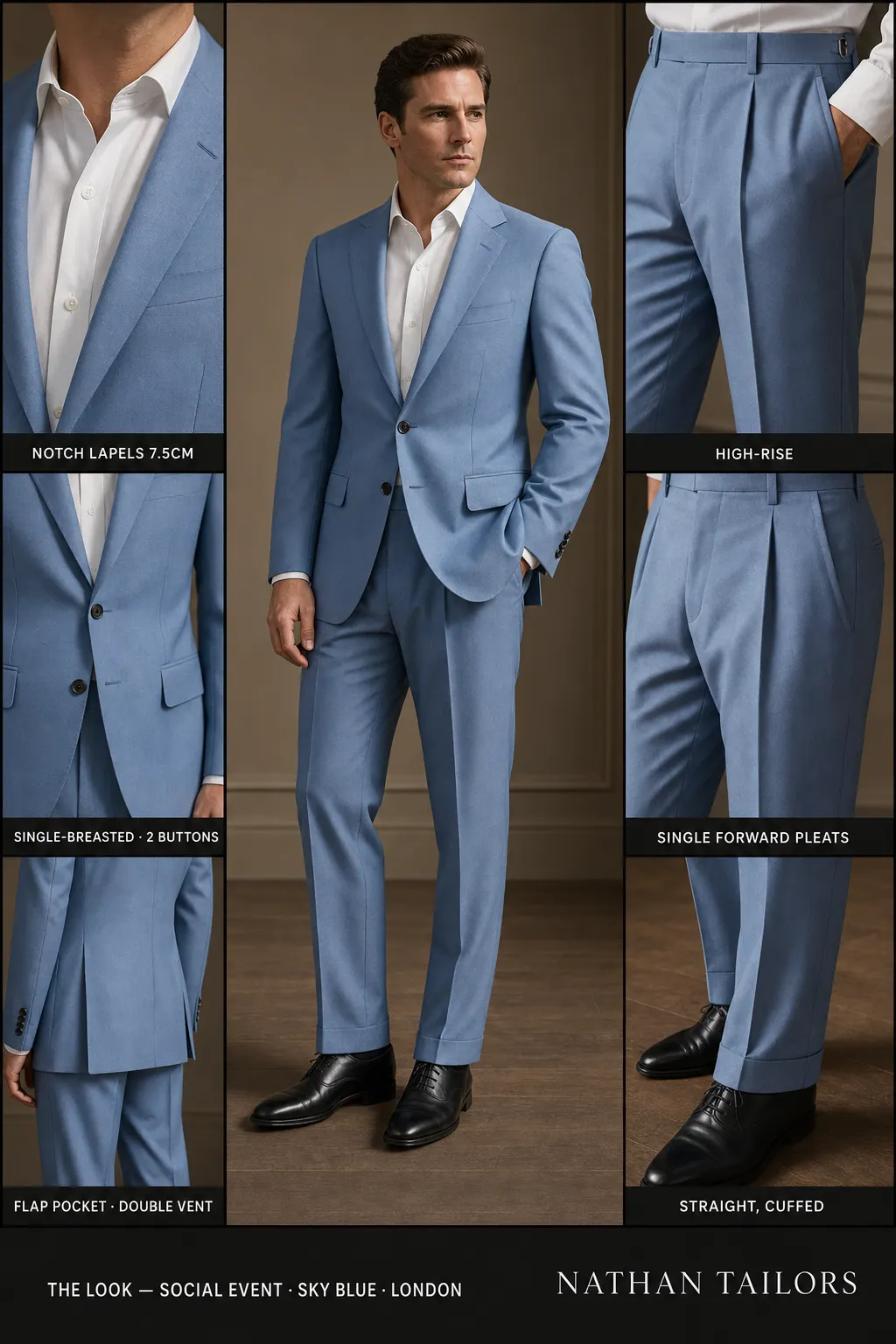 sky blue single-breasted notch-lapel bespoke suit — AI-rendered by Nathan Tailors, the Hoi An custom tailor. Available as a custom tailored suit from $149.