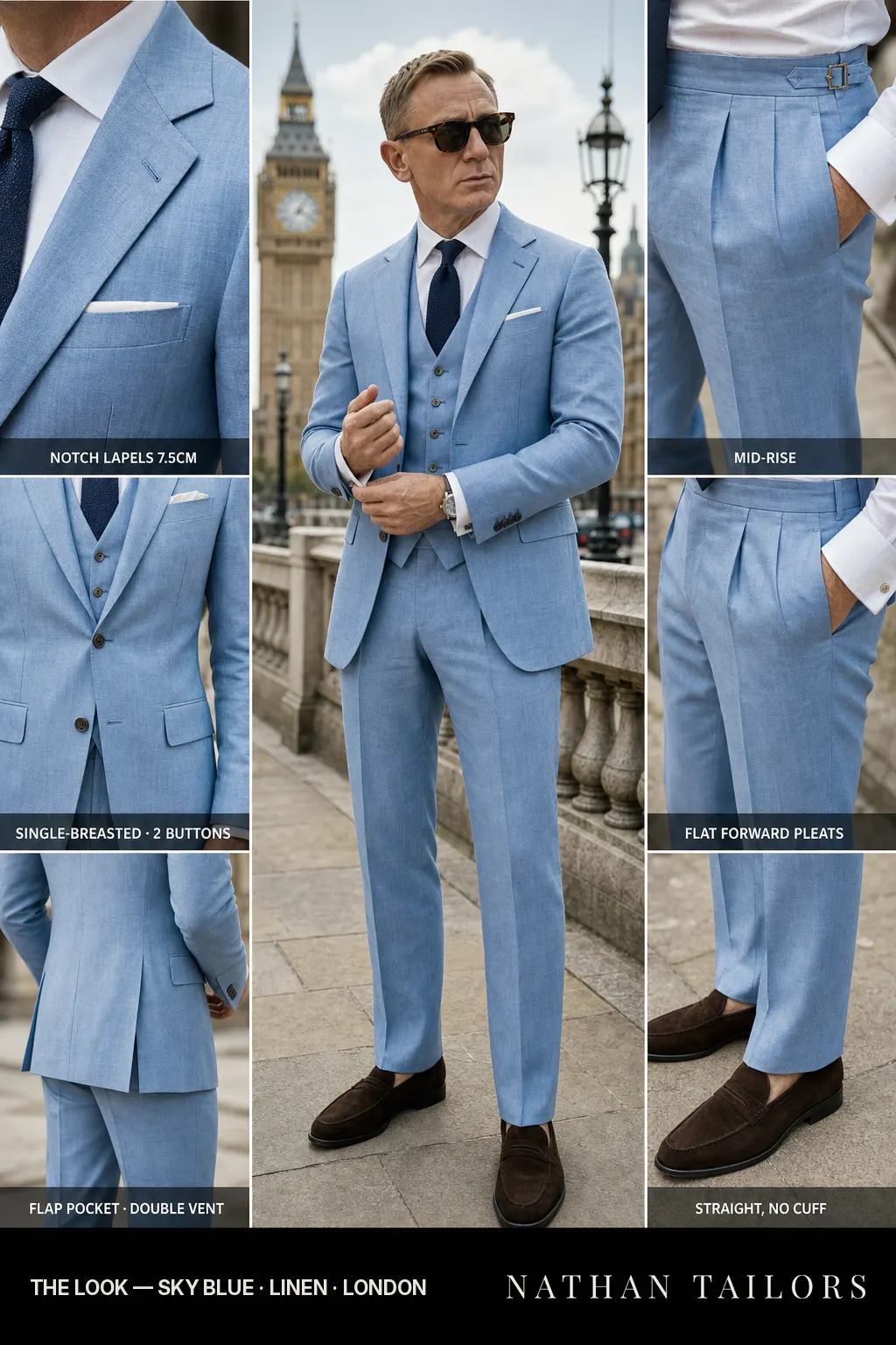 sky blue single-breasted notch-lapel bespoke suit — AI-rendered by Nathan Tailors, the Hoi An custom tailor. Available as a custom tailored suit from $149.