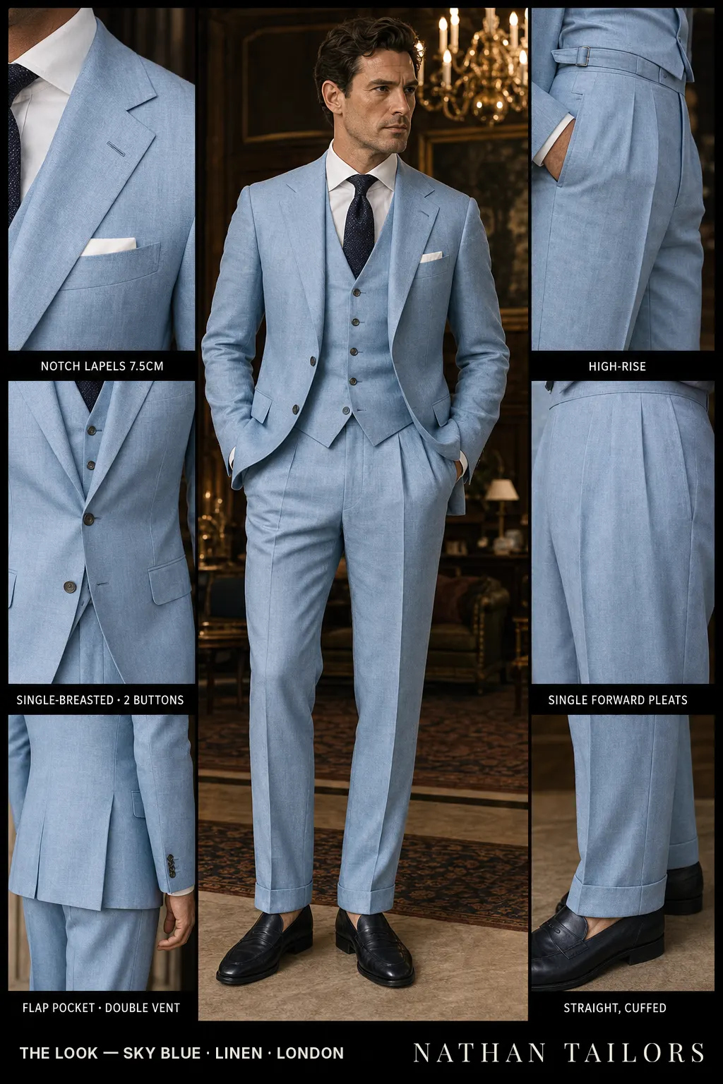 sky blue single-breasted notch-lapel bespoke suit — AI-rendered by Nathan Tailors, the Hoi An custom tailor. Available as a custom tailored suit from $149.