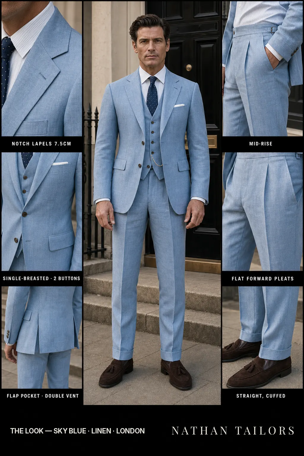 sky blue single-breasted notch-lapel bespoke suit โ AI-rendered by Nathan Tailors, the Hoi An custom tailor. Available as a custom tailored suit from $149.