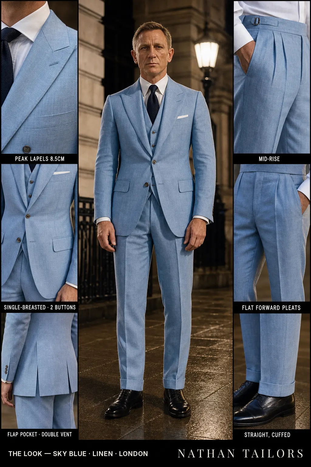 sky blue single-breasted peak-lapel bespoke suit โ AI-rendered by Nathan Tailors, the Hoi An custom tailor. Available as a custom tailored suit from $149.