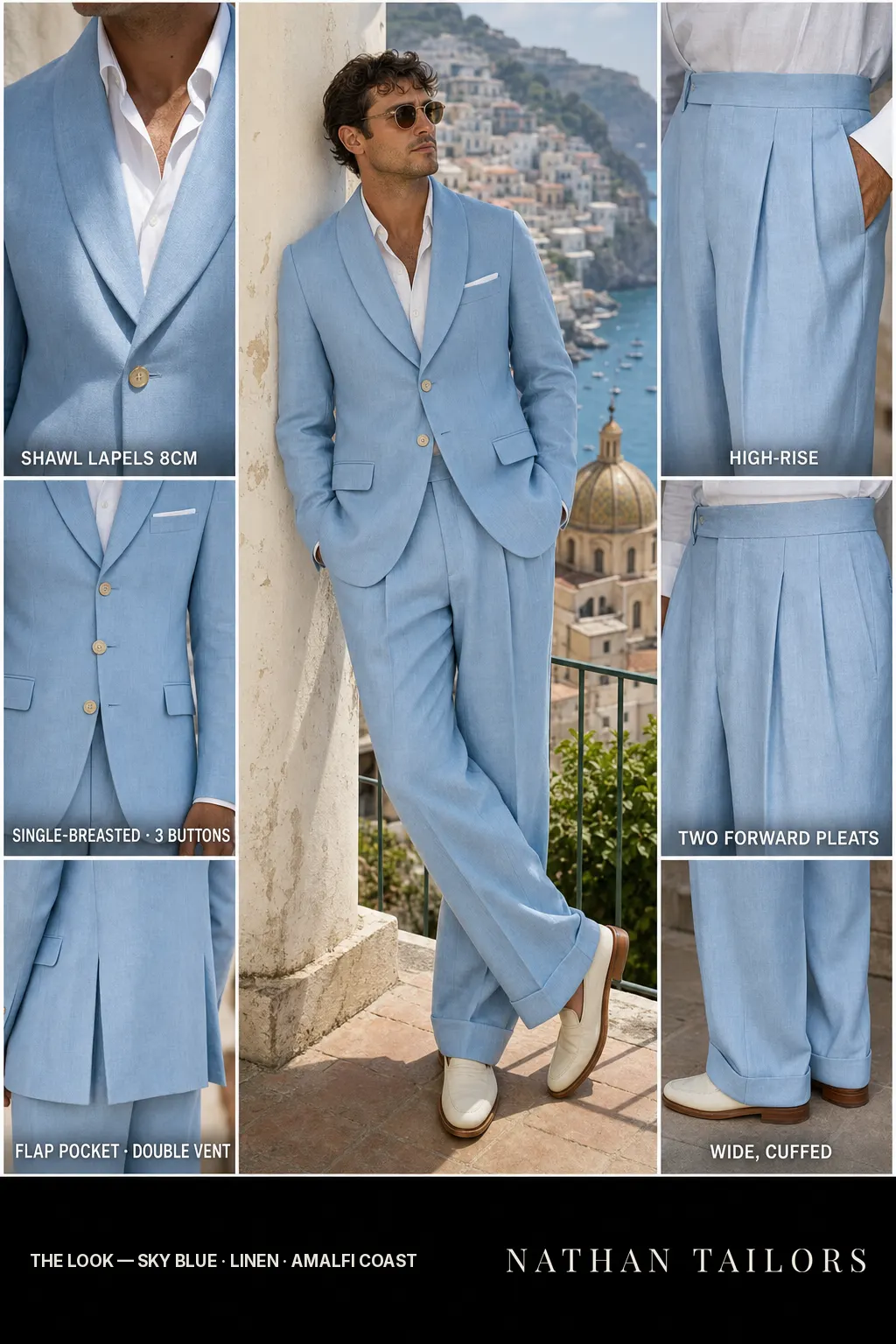 sky blue single-breasted shawl-lapel bespoke suit — AI-rendered by Nathan Tailors, the Hoi An custom tailor. Available as a custom tailored suit from $149.