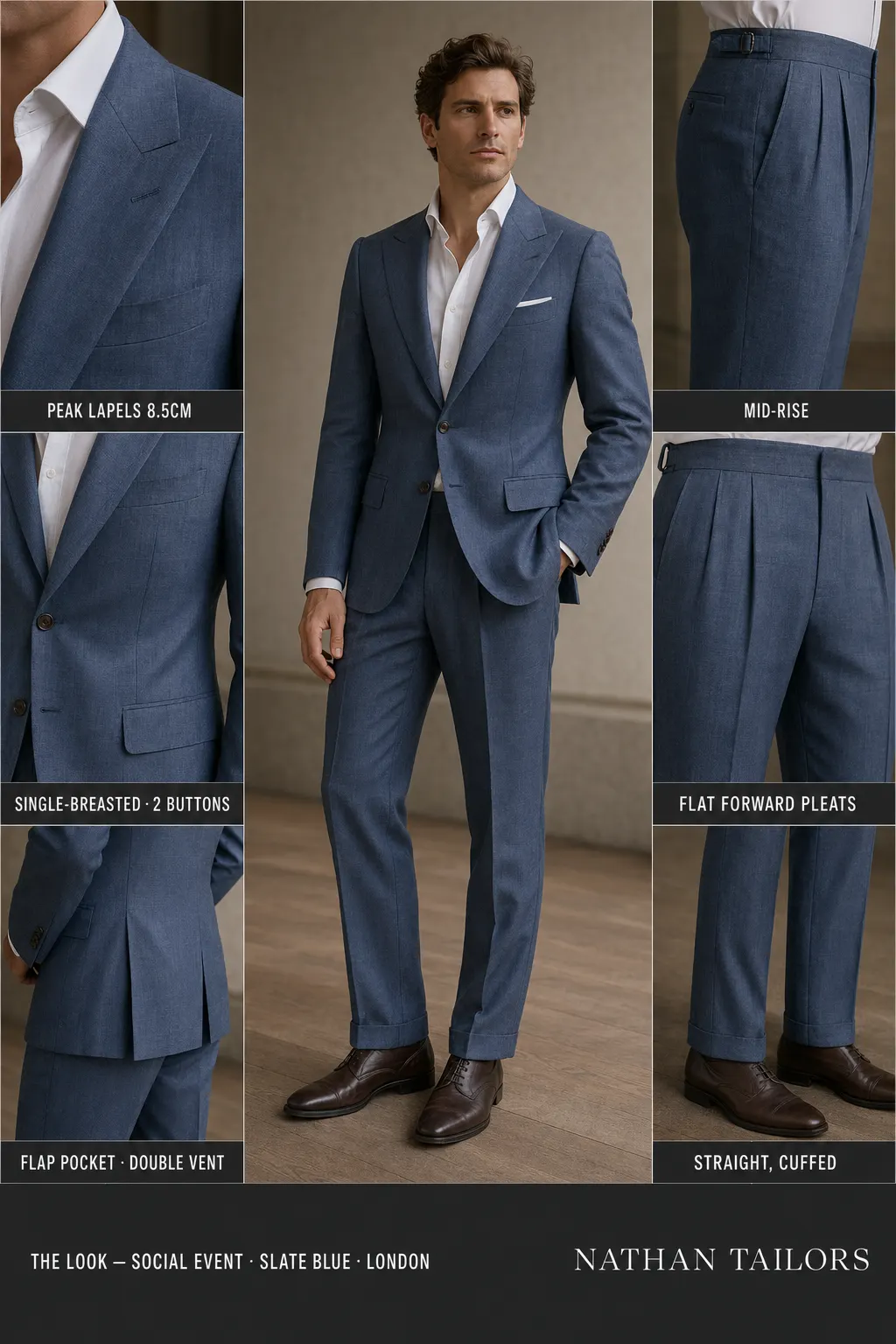 Slate blue single-breasted peak-lapel bespoke suit — AI-rendered by Nathan Tailors, the Hoi An custom tailor. Available as a custom tailored suit from $149.