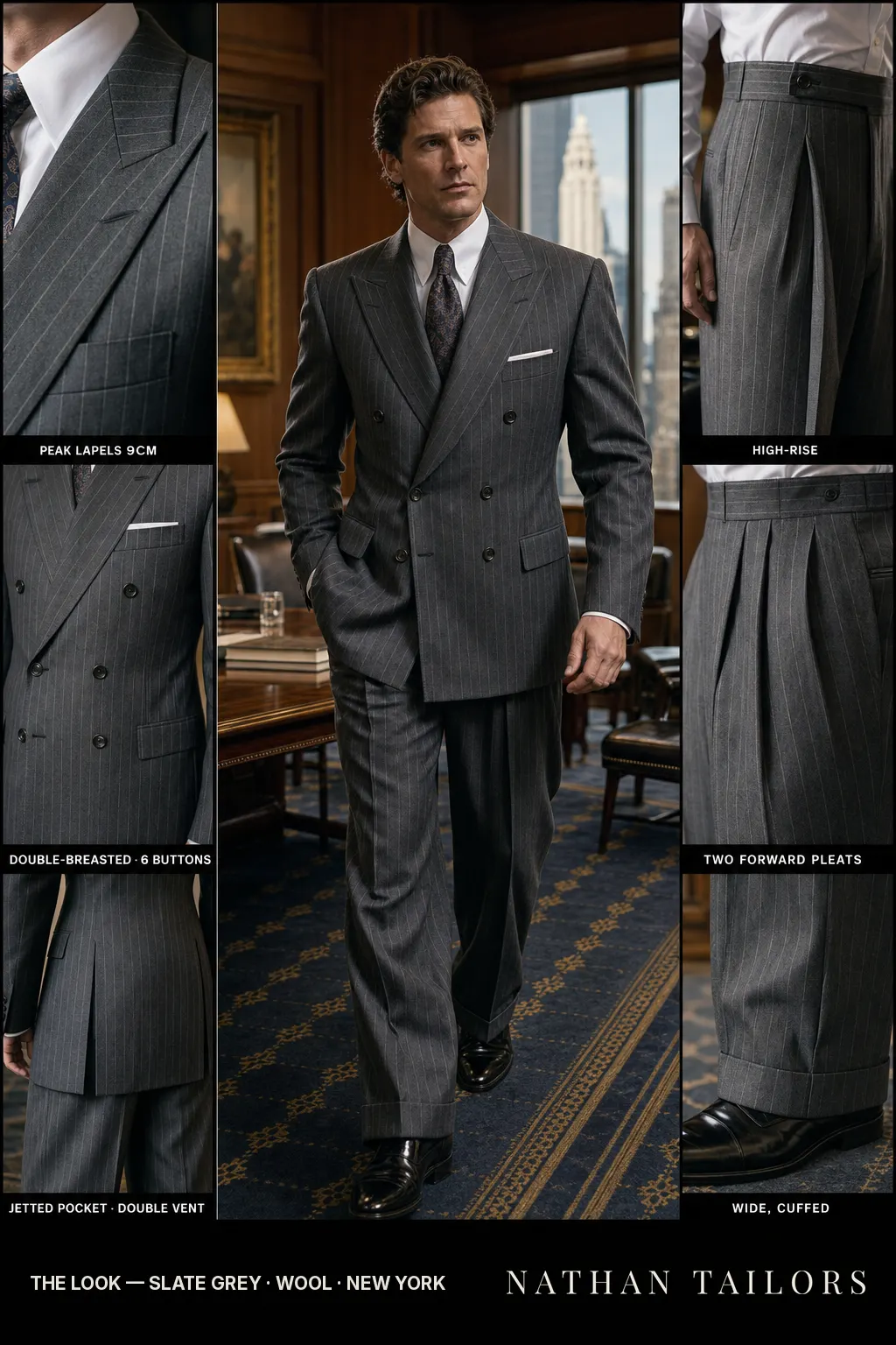 slate grey chalk stripe double-breasted peak-lapel bespoke suit — AI-rendered by Nathan Tailors, the Hoi An custom tailor. Available as a custom tailored suit from $149.