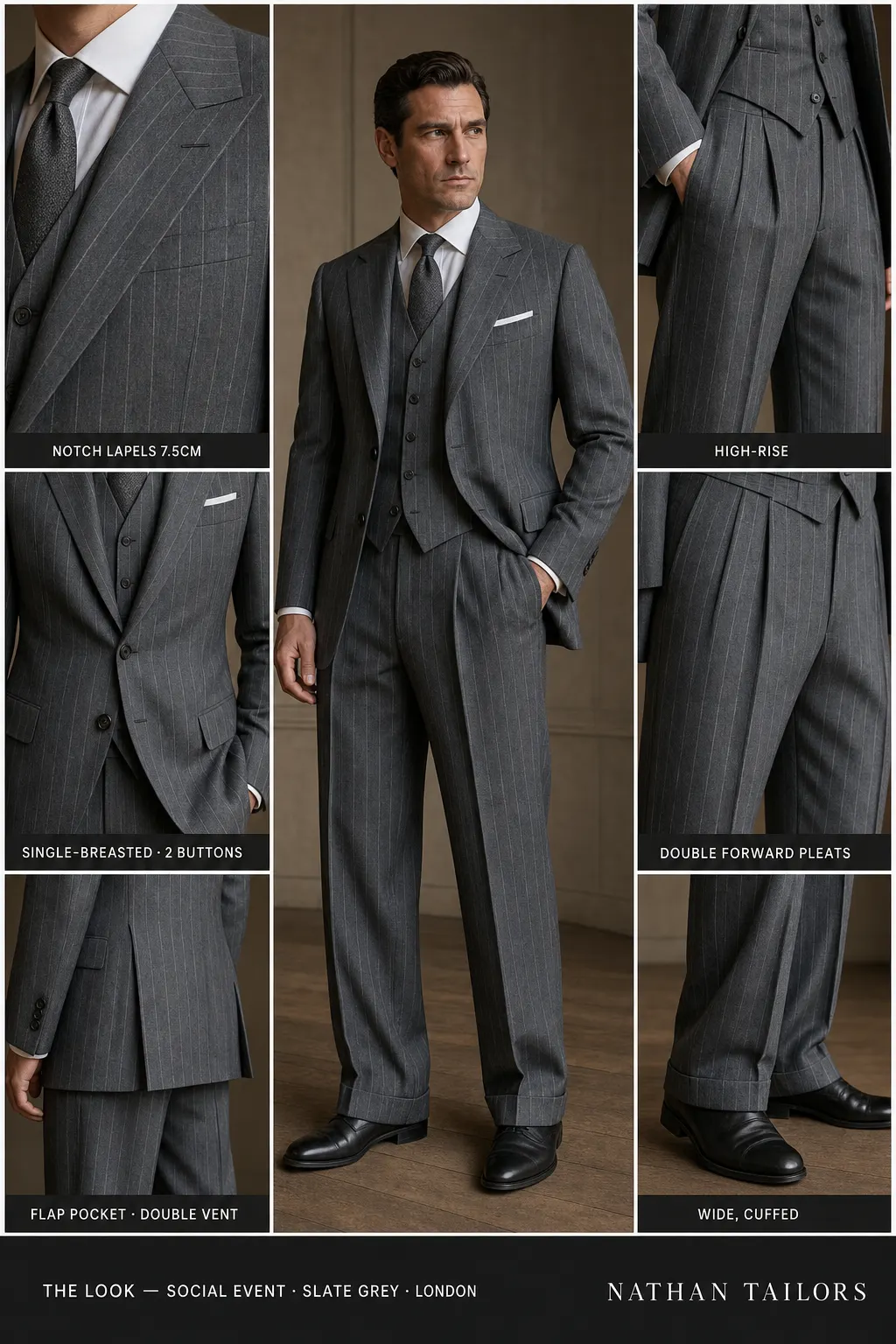 slate grey chalk stripe single-breasted notch-lapel bespoke suit — AI-rendered by Nathan Tailors, the Hoi An custom tailor. Available as a custom tailored suit from $149.