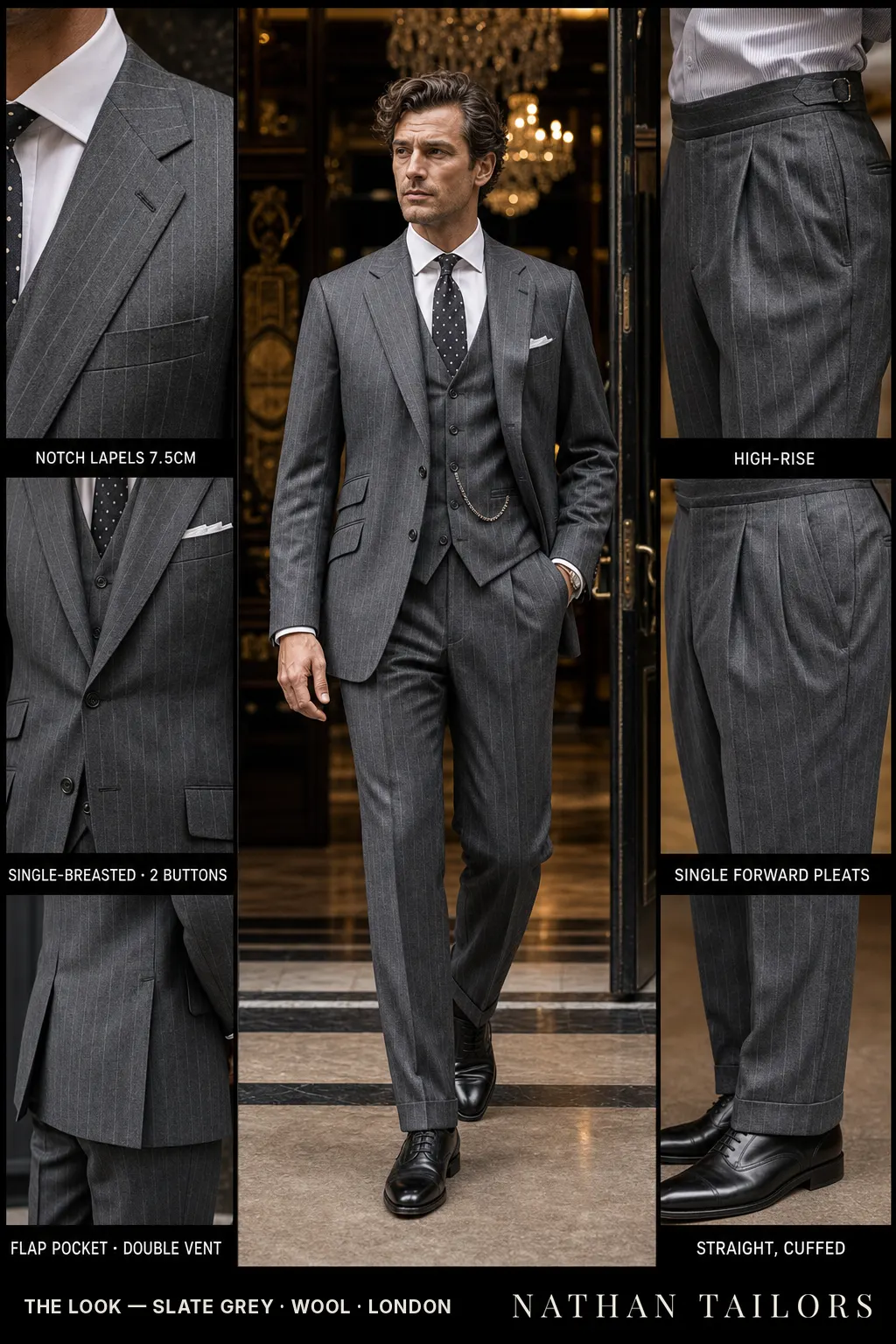 slate grey chalk stripe single-breasted notch-lapel bespoke suit — AI-rendered by Nathan Tailors, the Hoi An custom tailor. Available as a custom tailored suit from $149.