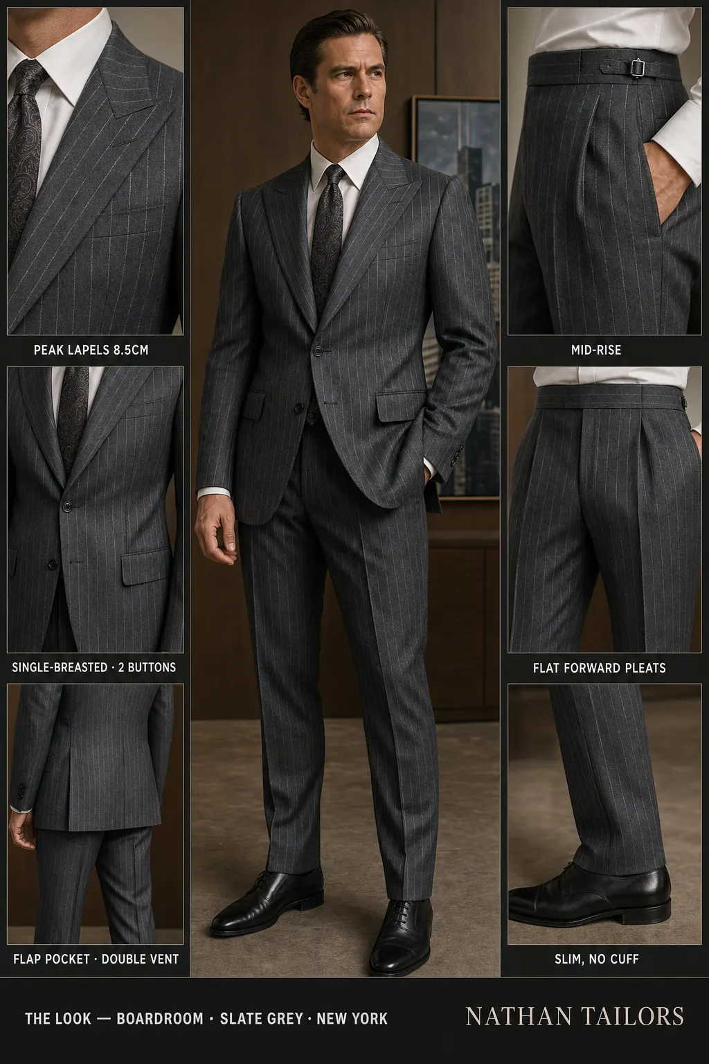 slate grey chalk stripe single-breasted peak-lapel bespoke suit โ AI-rendered by Nathan Tailors, the Hoi An custom tailor. Available as a custom tailored suit from $149.
