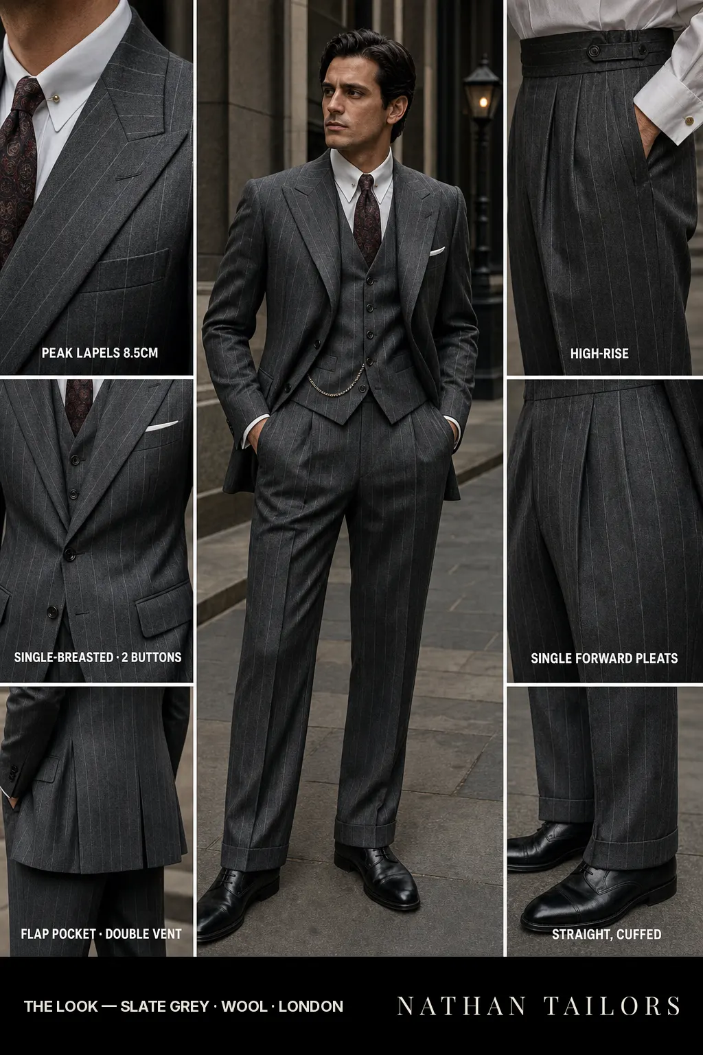 slate grey chalk stripe single-breasted peak-lapel bespoke suit — AI-rendered by Nathan Tailors, the Hoi An custom tailor. Available as a custom tailored suit from $149.