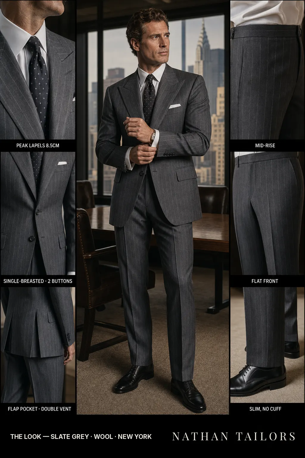 slate grey chalk stripe single-breasted peak-lapel bespoke suit — AI-rendered by Nathan Tailors, the Hoi An custom tailor. Available as a custom tailored suit from $149.