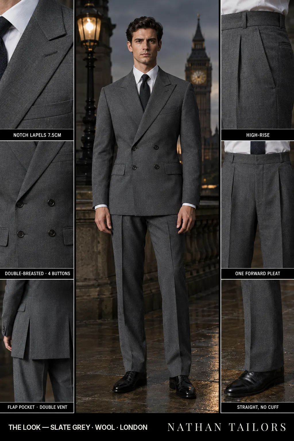 slate grey double-breasted bespoke suit โ custom tailored by Nathan Tailors, the Hoi An custom tailor