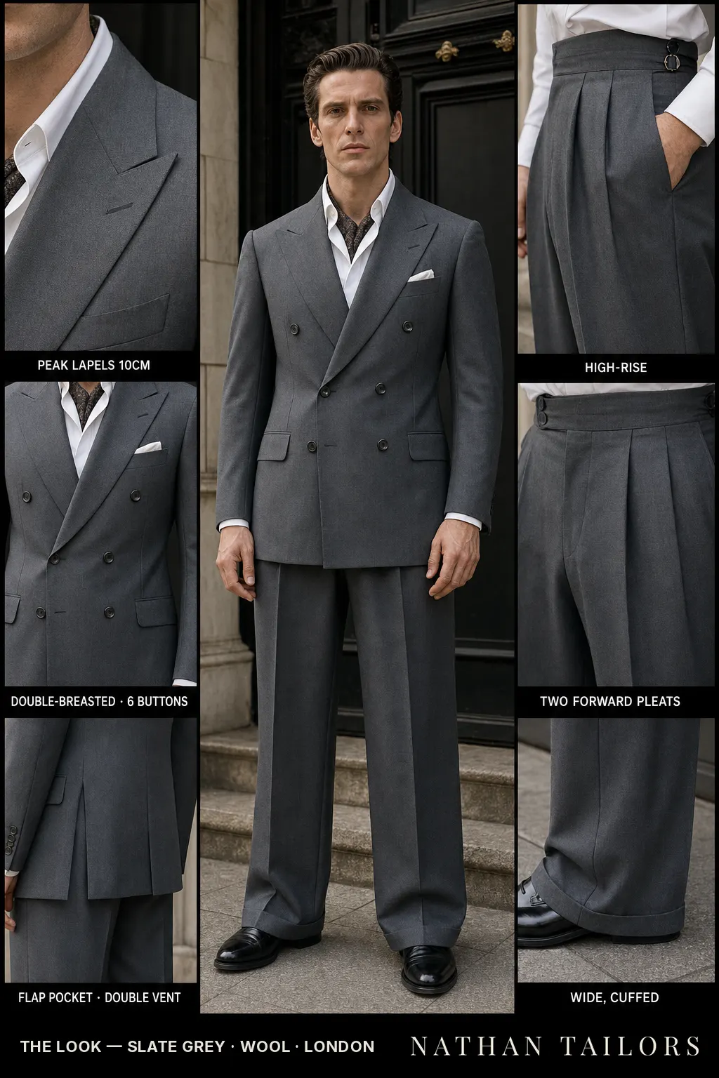 slate grey double-breasted peak-lapel bespoke suit — AI-rendered by Nathan Tailors, the Hoi An custom tailor. Available as a custom tailored suit from $149.