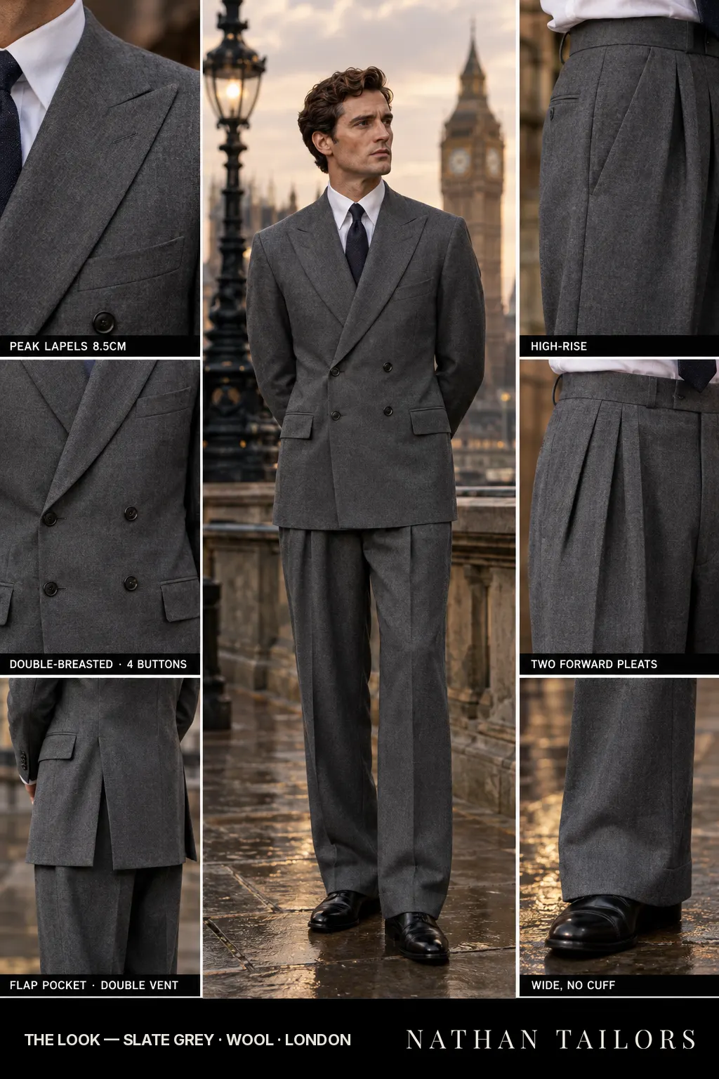 slate grey double-breasted bespoke suit — custom tailored by Nathan Tailors, the Hoi An custom tailor