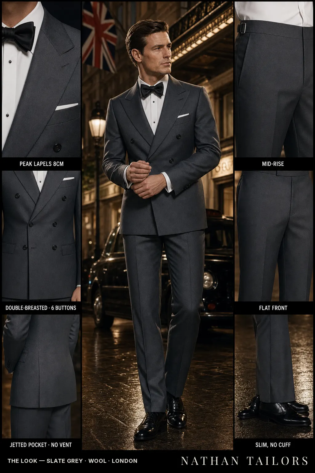 slate grey double-breasted peak-lapel bespoke suit — AI-rendered by Nathan Tailors, the Hoi An custom tailor. Available as a custom tailored suit from $149.