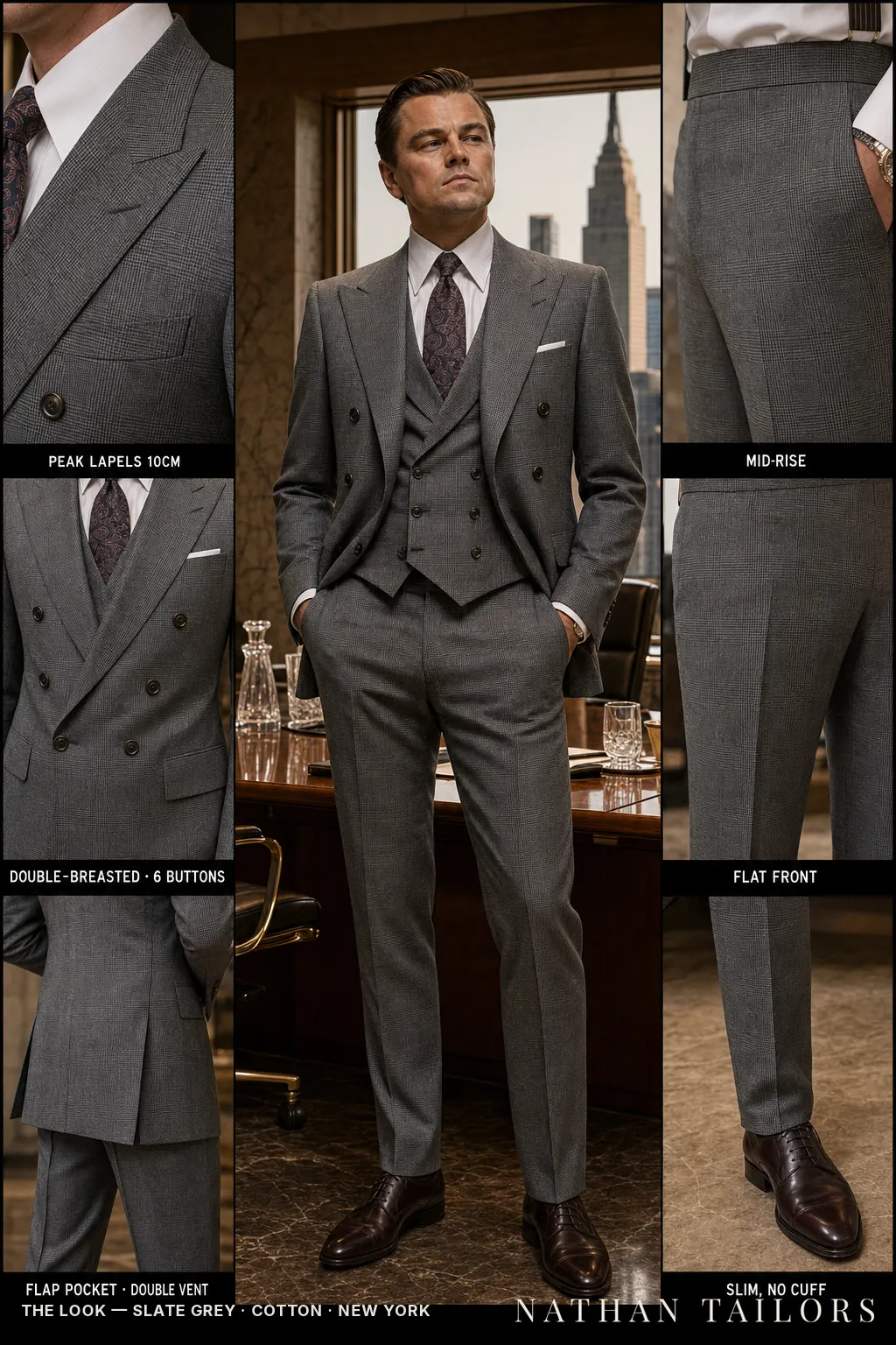 slate grey glen plaid double-breasted peak-lapel bespoke suit โ AI-rendered by Nathan Tailors, the Hoi An custom tailor. Available as a custom tailored suit from $149.