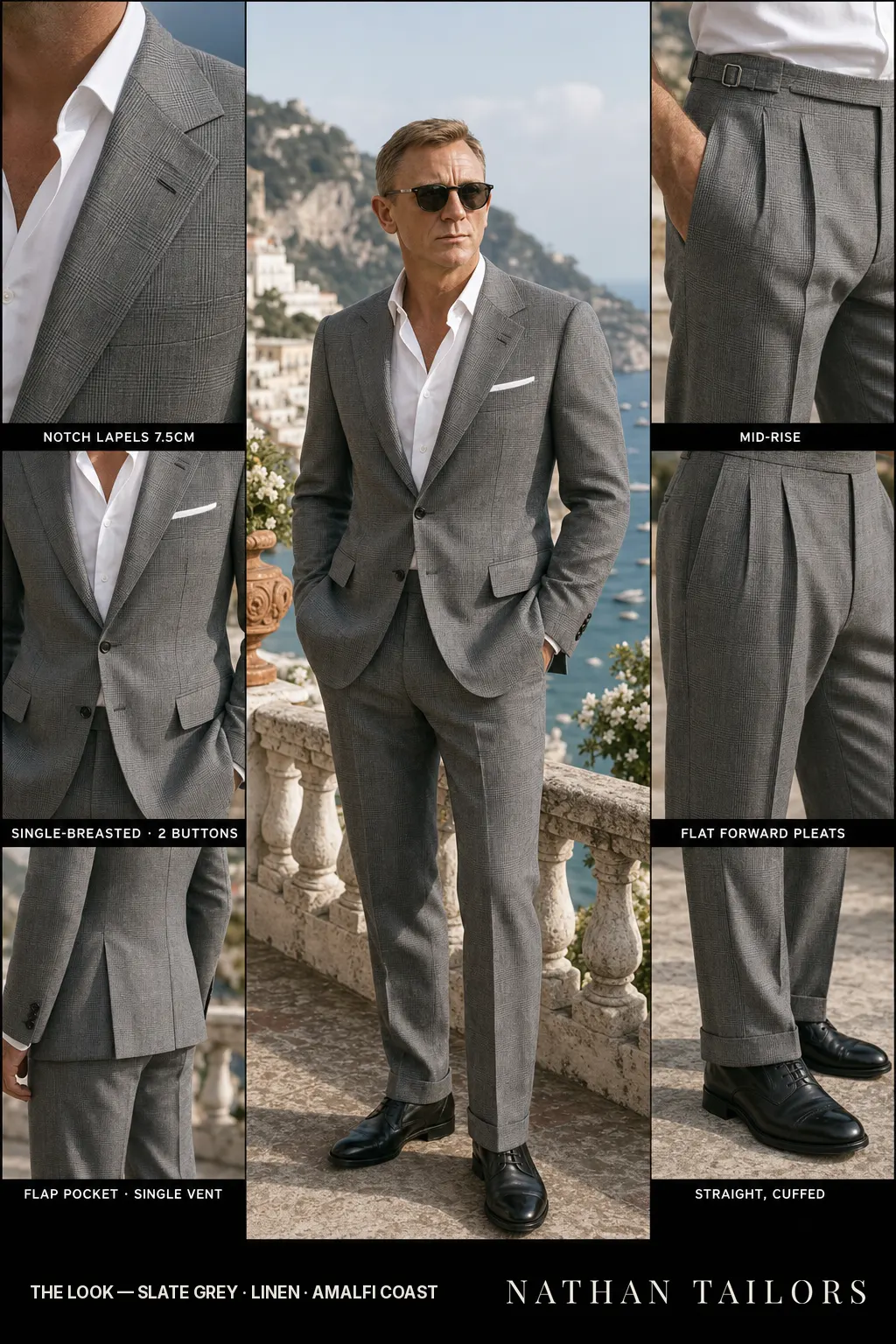 slate grey glen plaid single-breasted notch-lapel bespoke suit โ AI-rendered by Nathan Tailors, the Hoi An custom tailor. Available as a custom tailored suit from $149.