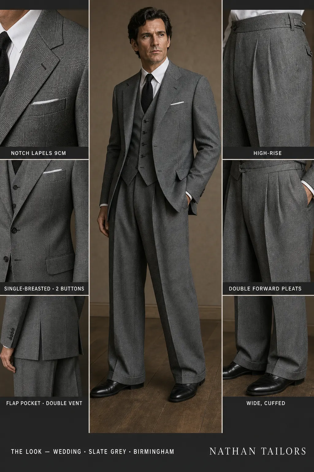 slate grey glen plaid single-breasted notch-lapel bespoke suit — AI-rendered by Nathan Tailors, the Hoi An custom tailor. Available as a custom tailored suit from $149.