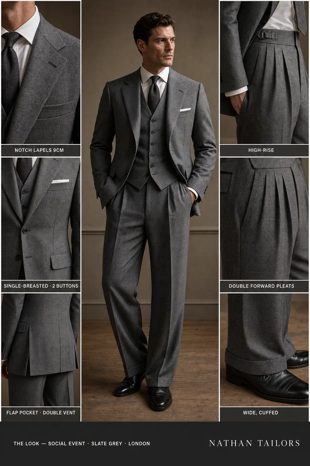 slate grey glen plaid single-breasted notch-lapel bespoke suit โ AI-rendered by Nathan Tailors, the Hoi An custom tailor. Available as a custom tailored suit from $149.