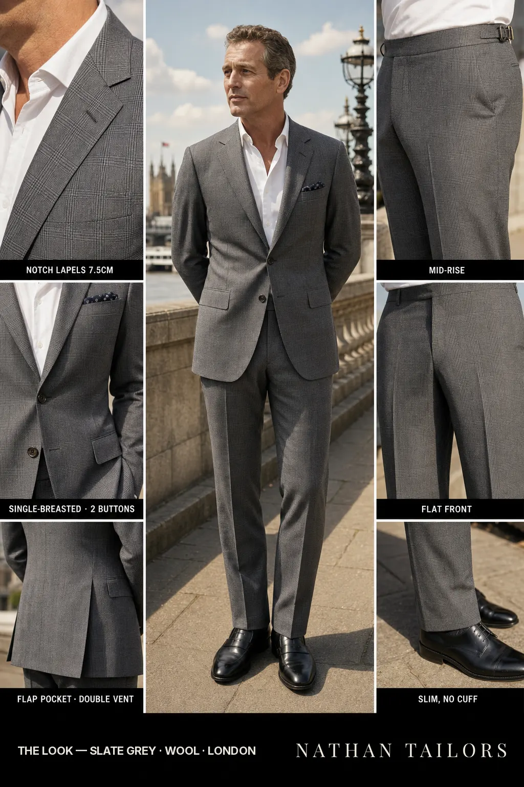 slate grey glen plaid single-breasted notch-lapel bespoke suit — AI-rendered by Nathan Tailors, the Hoi An custom tailor. Available as a custom tailored suit from $149.