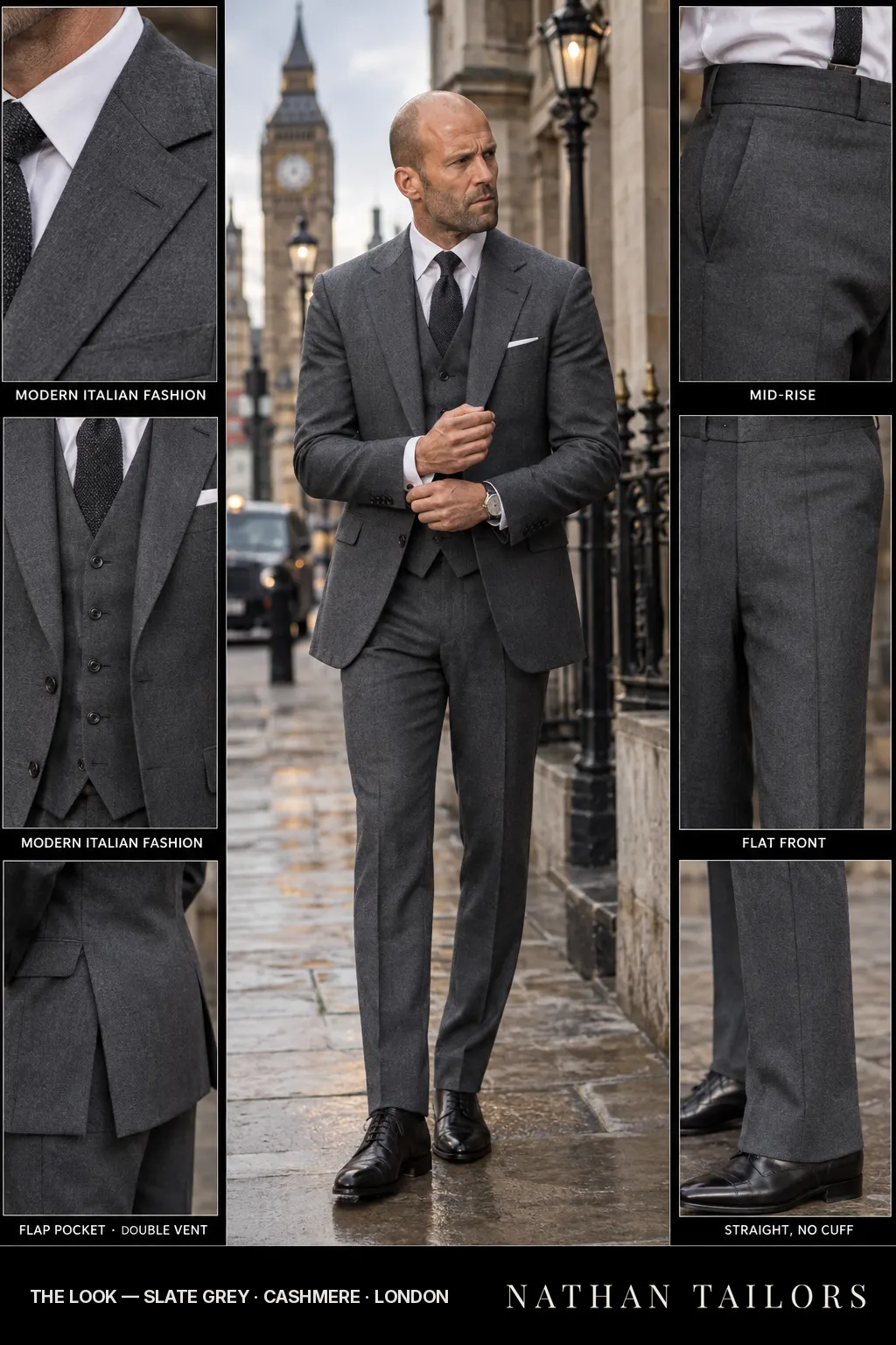 slate grey glen plaid single-breasted notch-lapel bespoke suit — AI-rendered by Nathan Tailors, the Hoi An custom tailor. Available as a custom tailored suit from $149.